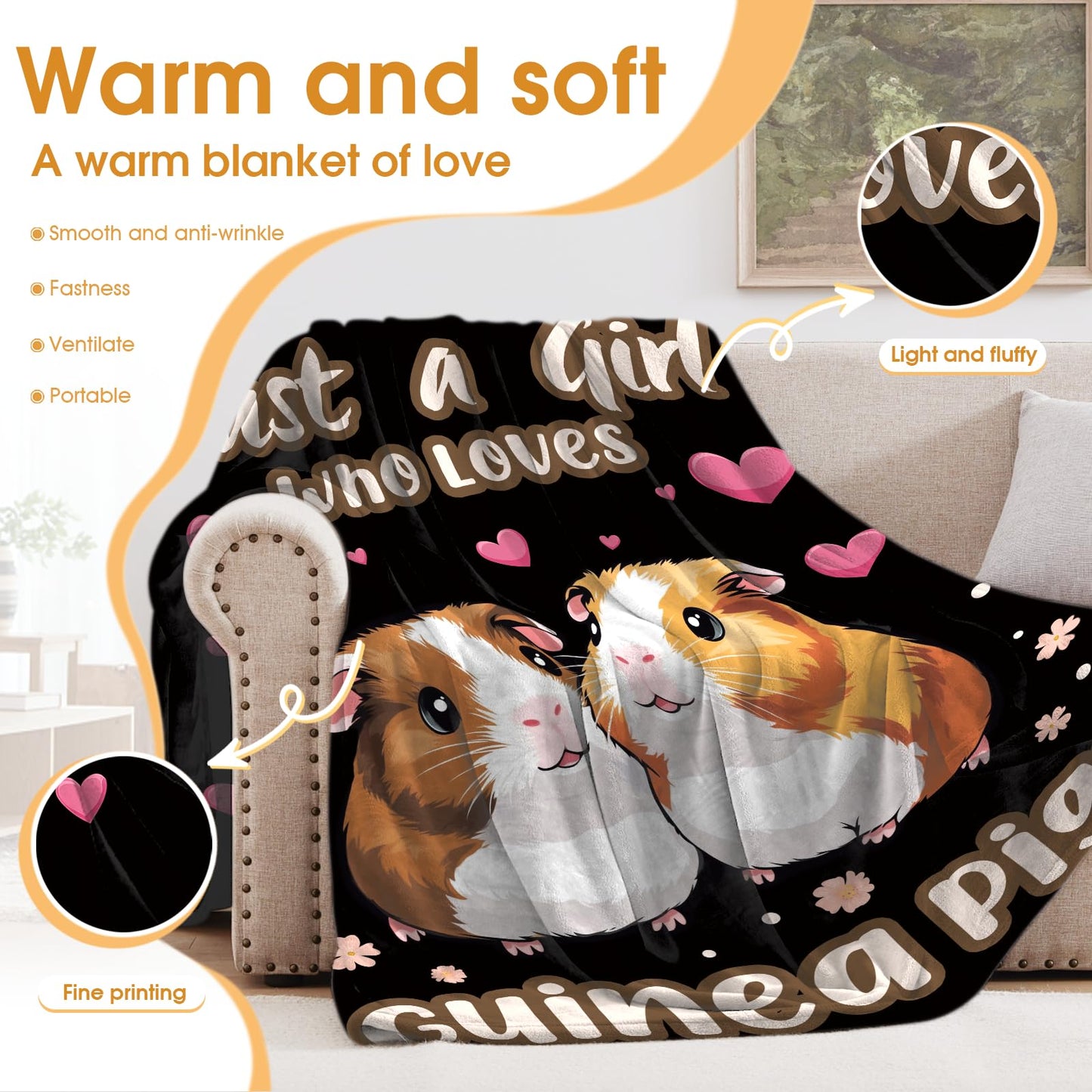 Hohoto Guinea Pigs Blanket Gifts for Women Kids Girls Boys Men Mom Wife Female Friends Birthday Christmas Halloween Easter Gift Decor Soft Plush Throw Blankets Black 50"x60"