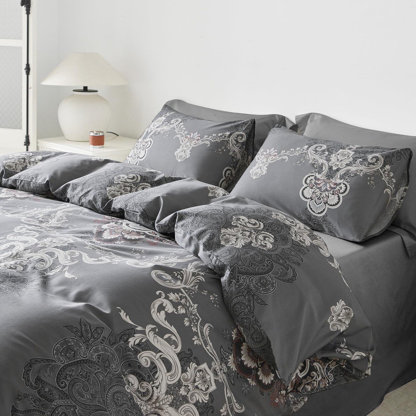 YuHeGuoJi Boho Paisley Duvet Cover King 100% Egyptian Cotton 3 Pcs Set 1 Southwestern Gray Damask Duvet Cover with Zipper Ties 2 Pillowcases Vintage William Morris Floral Bedding Set Soft