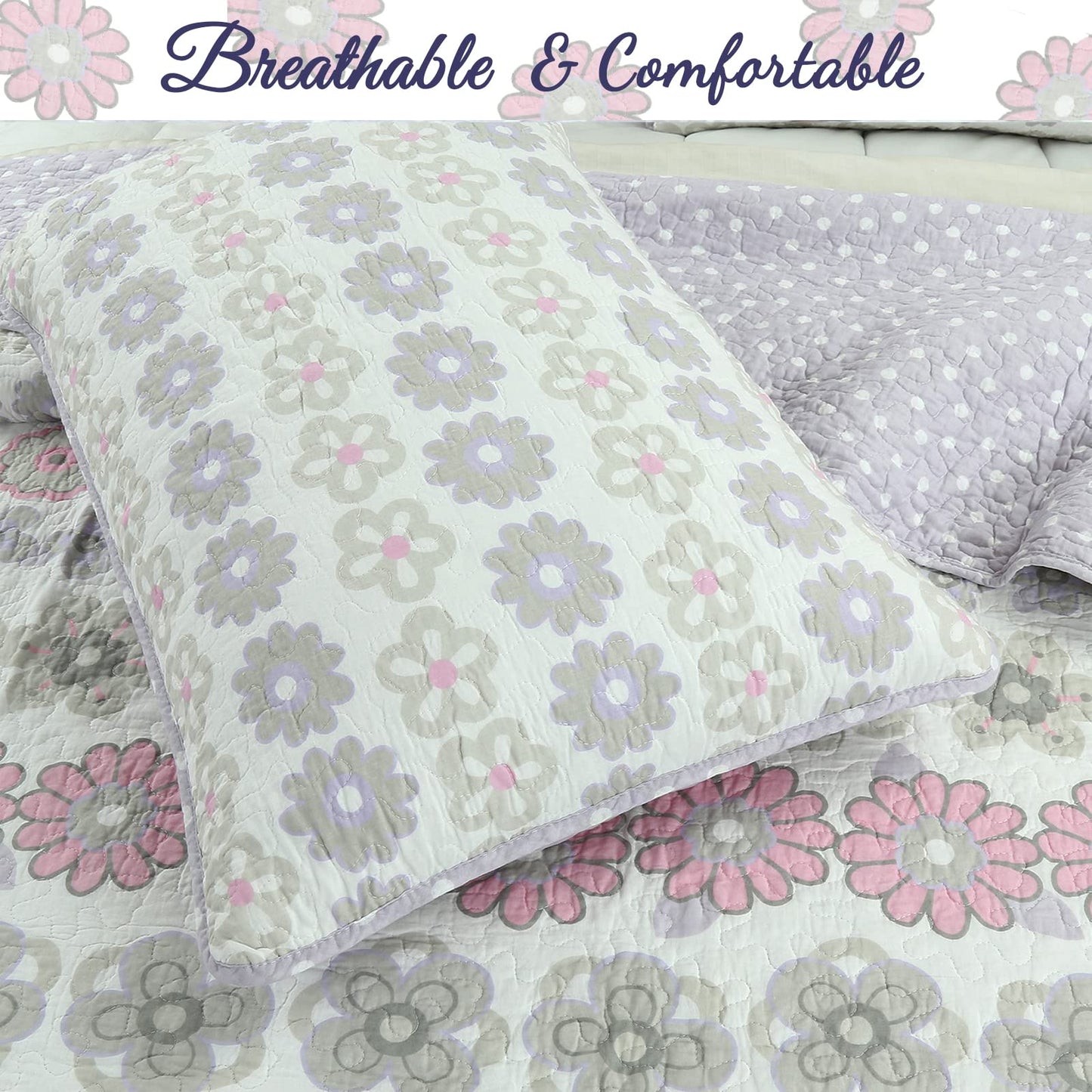 Cozy Line Home Fashions Light Purple Lavender Pink Floral 100% Cotton Reversible Quilt Bedding Set, Bedspread, Coverlet for Girls (Lilac Flower, Twin - 2 Piece)