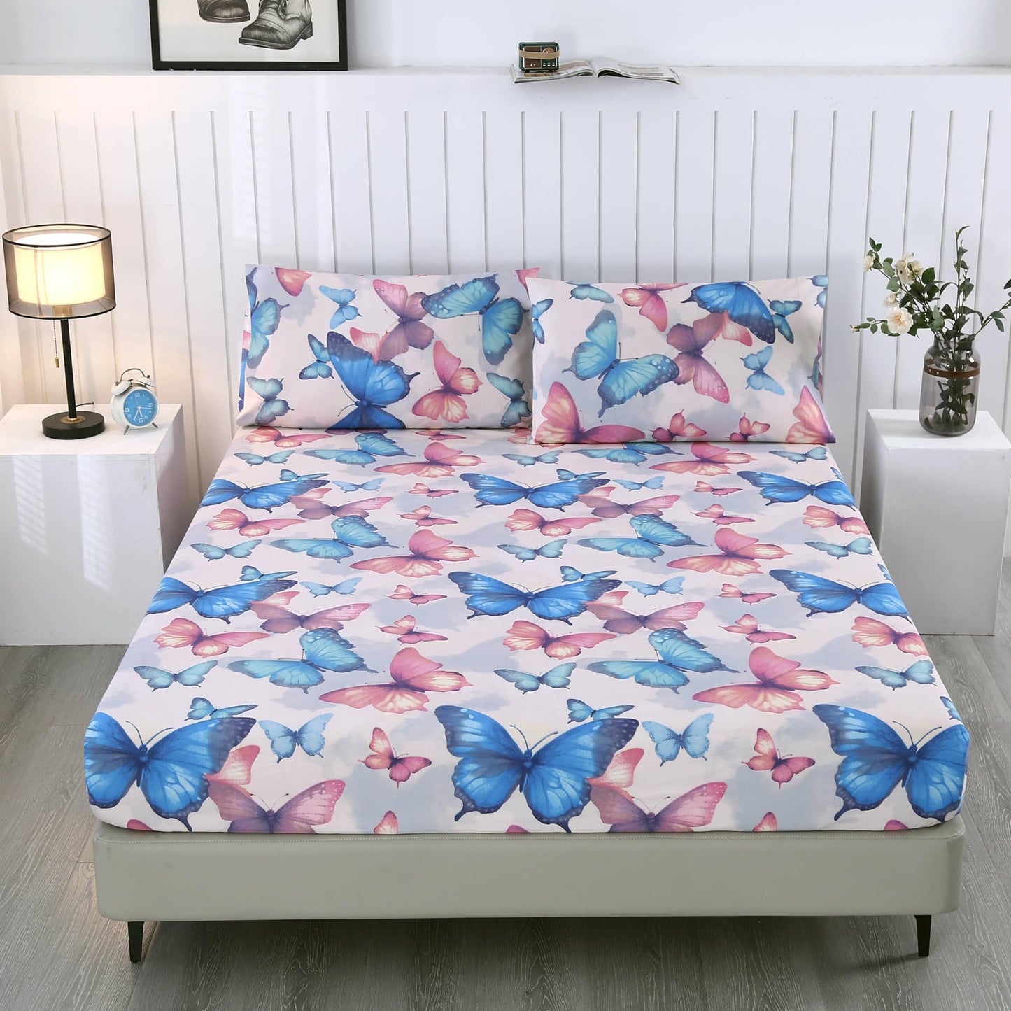 SDIII Colorful Butterfly Full Fitted Sheet with 2 Pillowcases, Deep Pocket Soft Microfiber Butterfly Bed Sheet Full Size for Kids