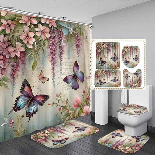 Chrainy 4pcs Spring Butterfly Shower Curtain Set with Rugs Vintage Butterflies Bathroom Sets Floral Shower Curtain with 12 Hooks Bathroom Decor with Rugs Bath Accessories with Mats Toilet Lid Cover