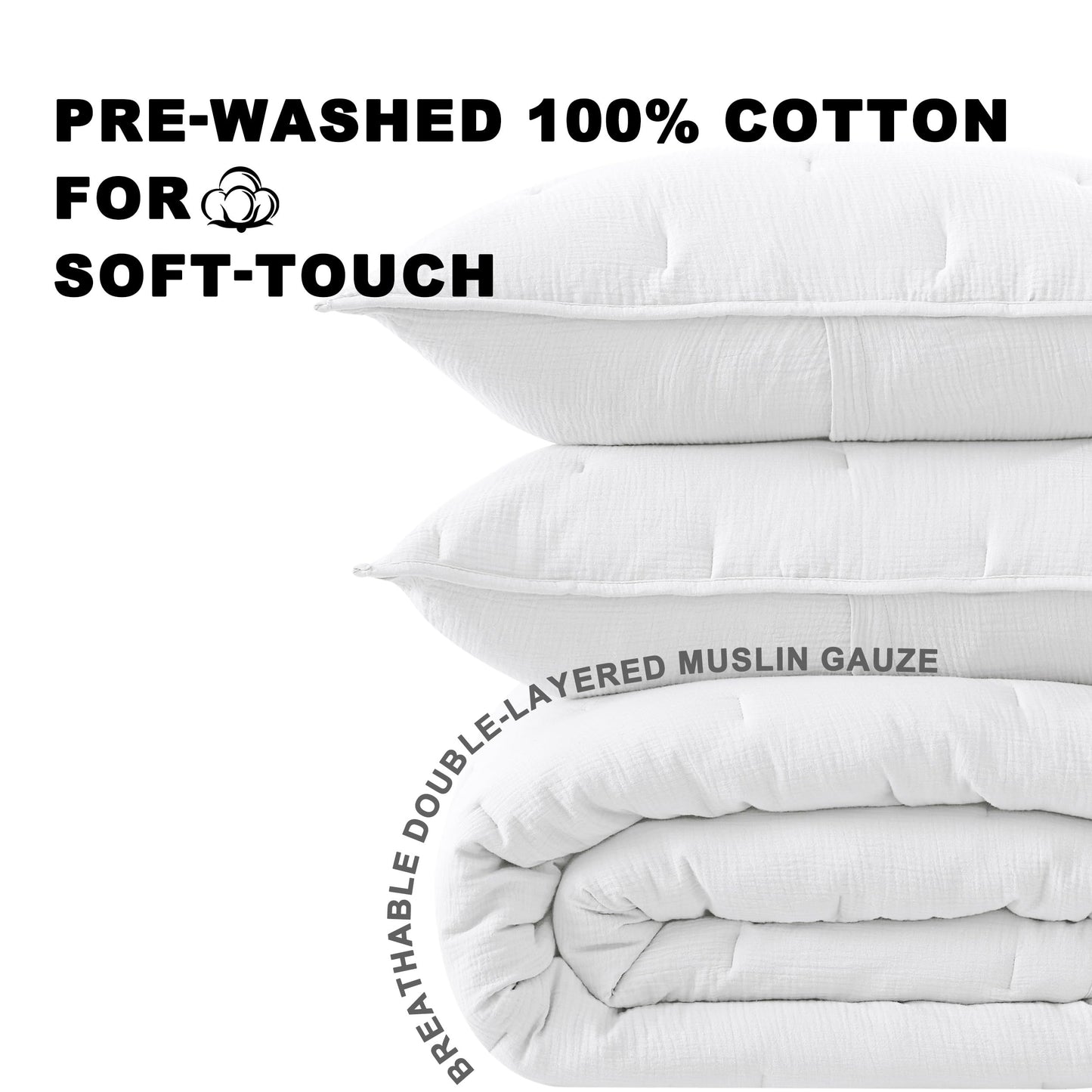 COZYXWORLD Pre-Washed 100% Cotton Muslin Gauze Comforter Set, 3 Piece Full/Queen Quilt Set, Duvet Insert with Corner Loops, 1" Line Quilted, White