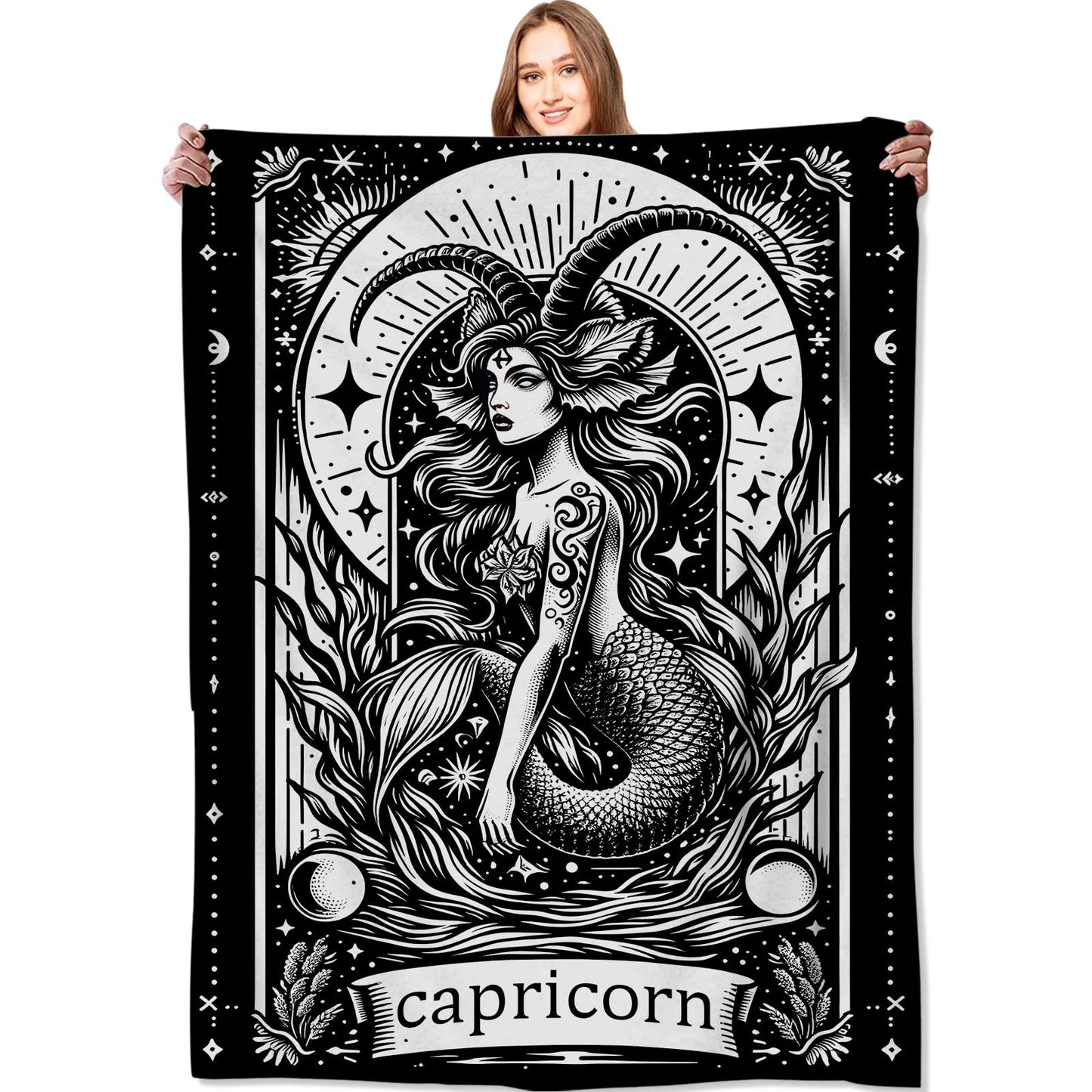 VODRM Capricorn Zodiac Blanket Astrology Throw Blankets,Birthday Gifts for Kids Adult & Wildlife Lovers,Lightweight Soft Fleece,for Sofa Couch Bed Room Mystical Artistic Decor 50x60in