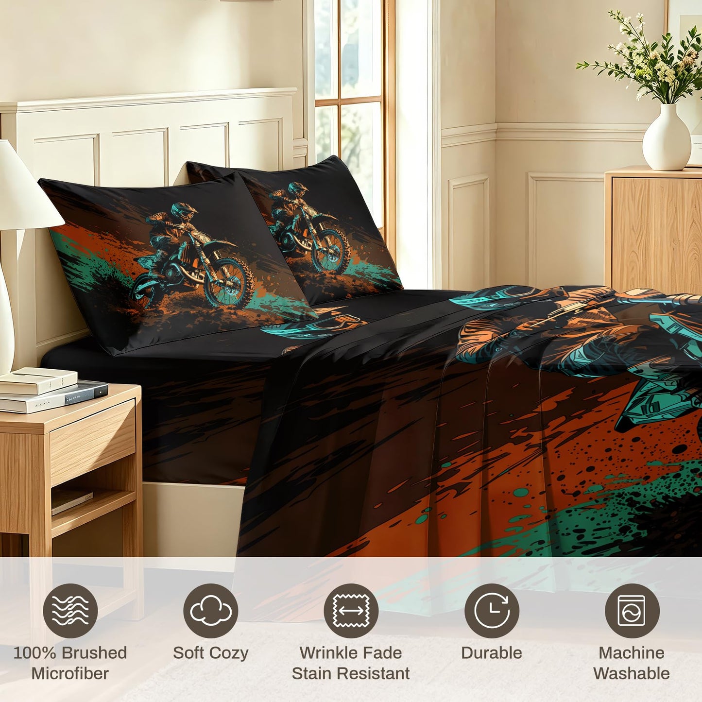 Dirt Bike Queen Sheet Set 4 Pcs Motocross Bed Sheets, Orange
