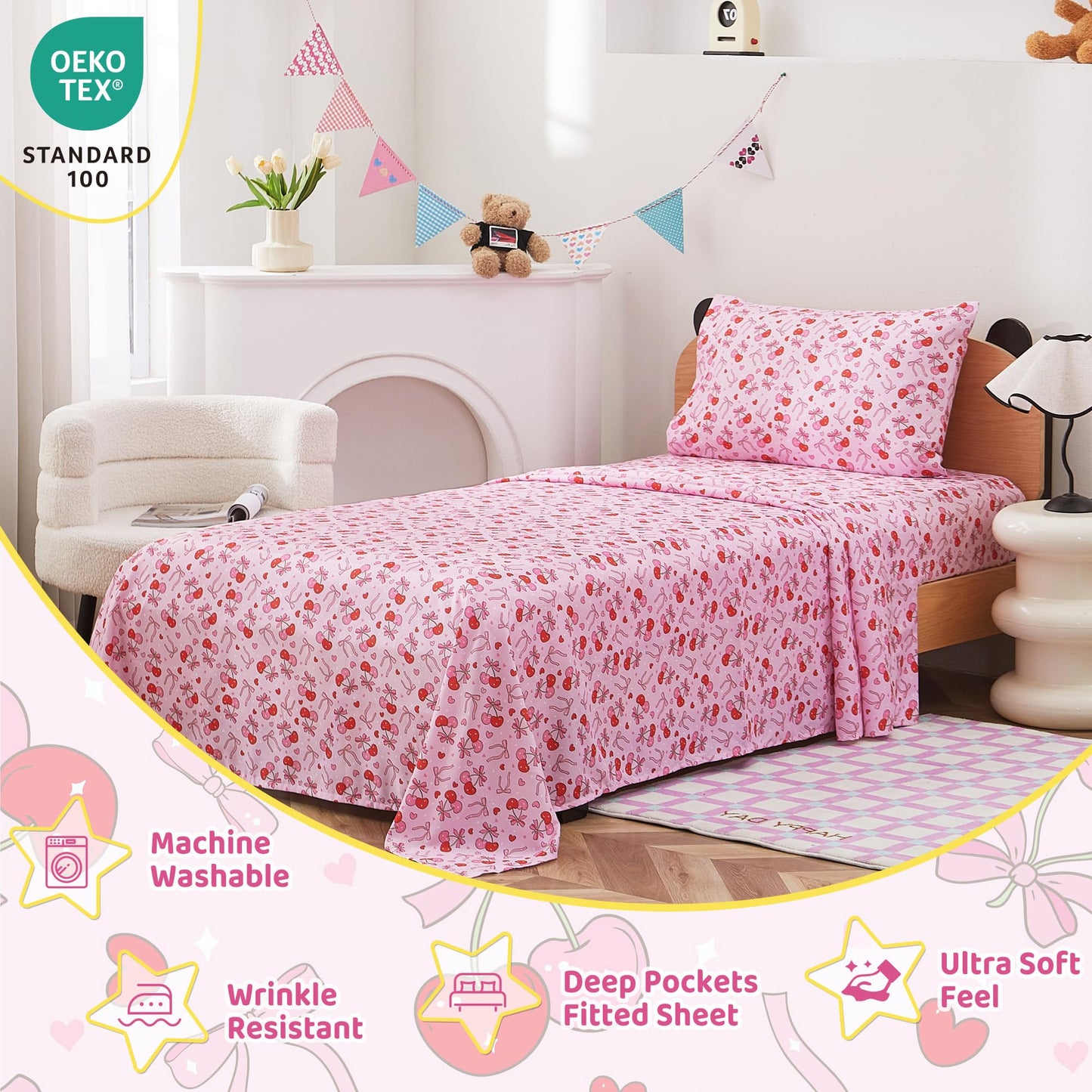 Viviland 3 Pieces Girls Bow Cherry Twin Sheet Set - Soft Microfiber Fitted Flat Sheets & Pillowcase Bed Sheet Set - Pink Bedding Sets for Kids