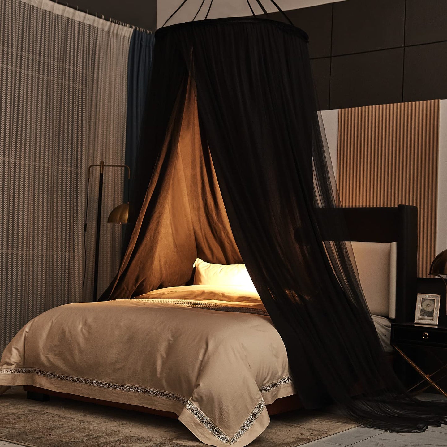 Kertnic Luxurious Bed Canopy for Girls & Adults - Double Layer Princess Canopy with Lace, Round Dome Mosquito Netting for Queen/King Bed Tent (Black)