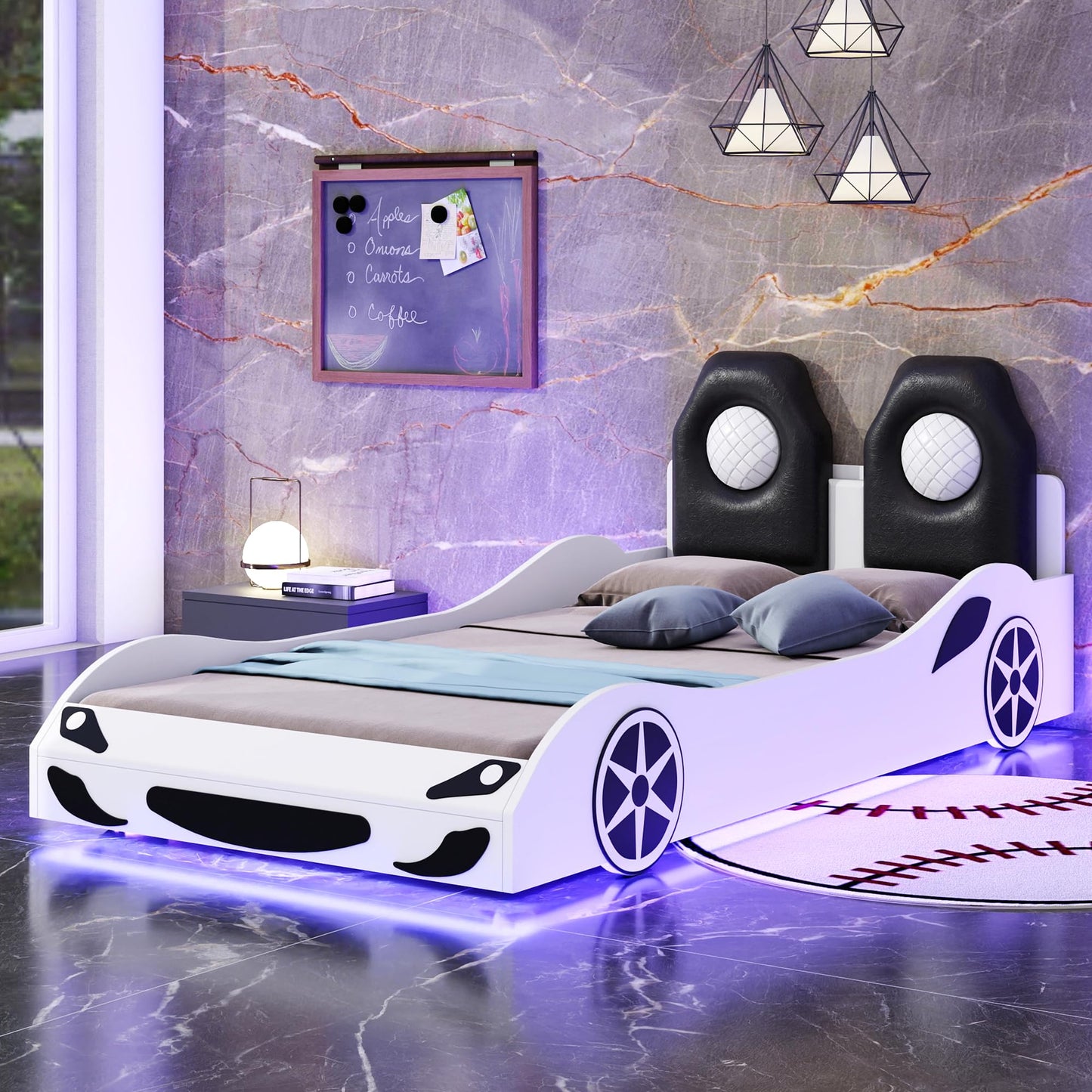 MaiDeHaoo Twin Bed Frames for Kids, Race Car-Shaped Bed Frame with LED Lights, Wheels and Upholstered Backrest for Boys, Girls, No Box Spring Needed, White