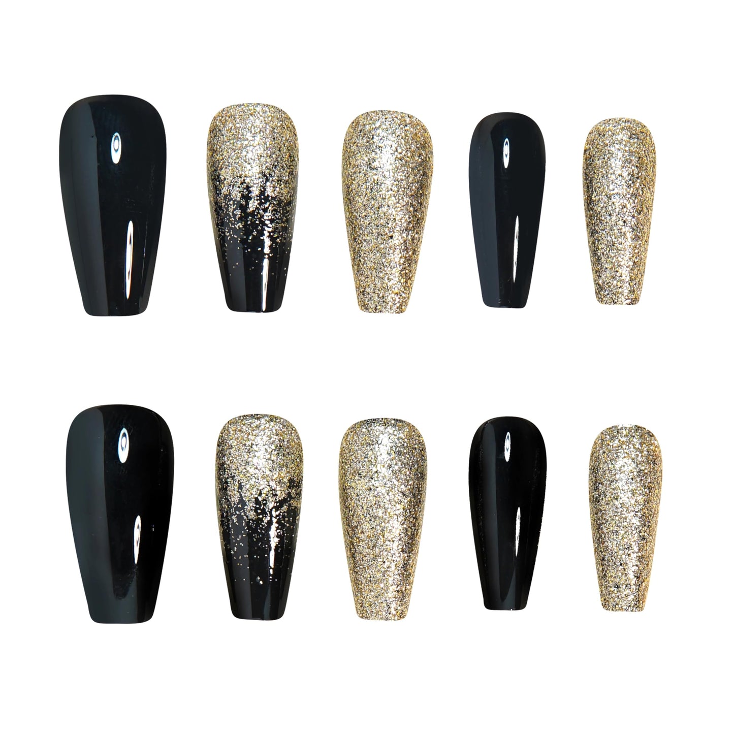 MERVF Coffin Press on Nails Long, Black French Tip Fake Nails Gold Glitter Ombre Design Glue ons Solid Color Luxury Acrylic Nail Glossy 24pcs