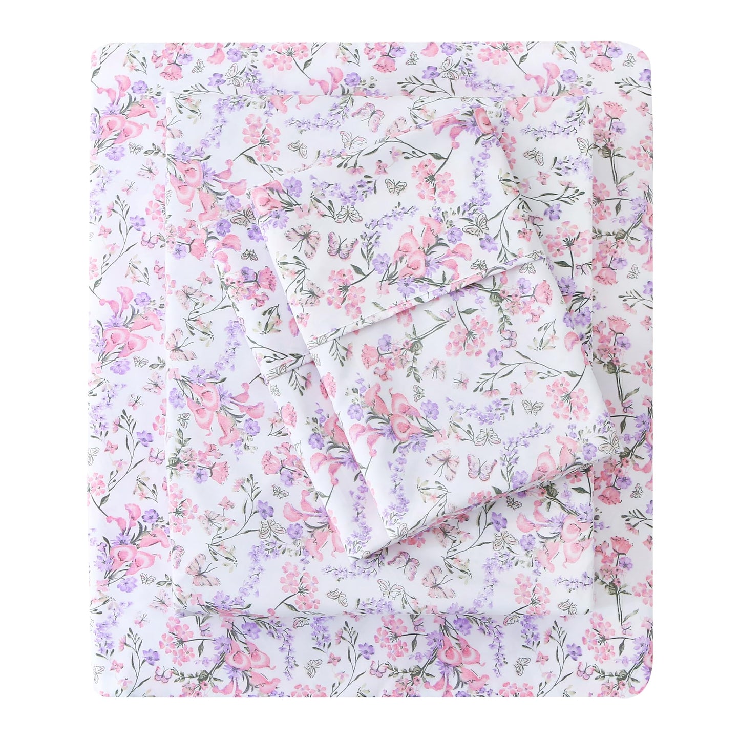 Mooreeke Cozy Vintage Microfiber Printed Full Sheet Set - Soft Breathable Percale Cotton Floral Bed Sheets with Deep Pocket - Non-Slip Fitted Design - Pink Purple Flowers Pattern