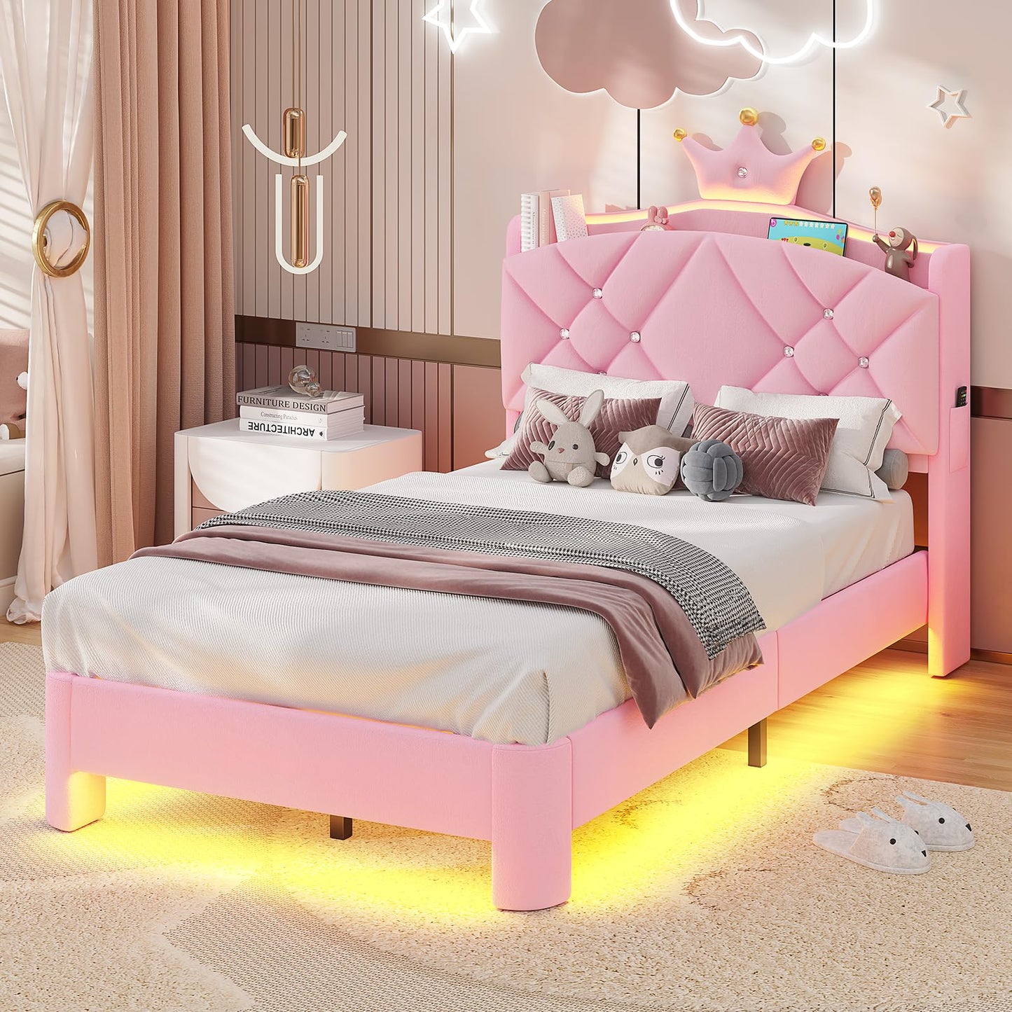 MSmask Twin Bed Frame with LED Lights, Princess Upholstered Bed with Headboard with Charging Station & Crystal Button & Crown, Velvet Platform Bed for Girls, Solid Wood Slats, Curved Legs, Pink