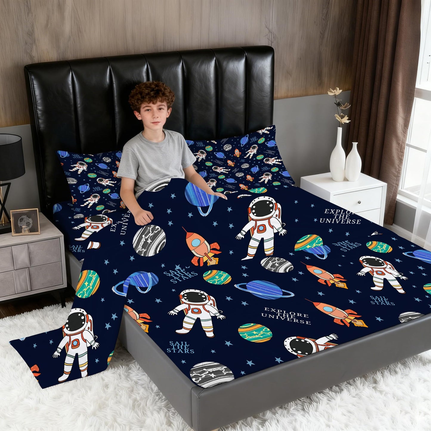 VTKON Navy Blue Space Sheets Set Twin for Boys Bedroom Kids Cartoon Space Rocket Planets Bedding Set with 1 Fitted Sheet, 1 Flat Sheet and 2 Pillowcases