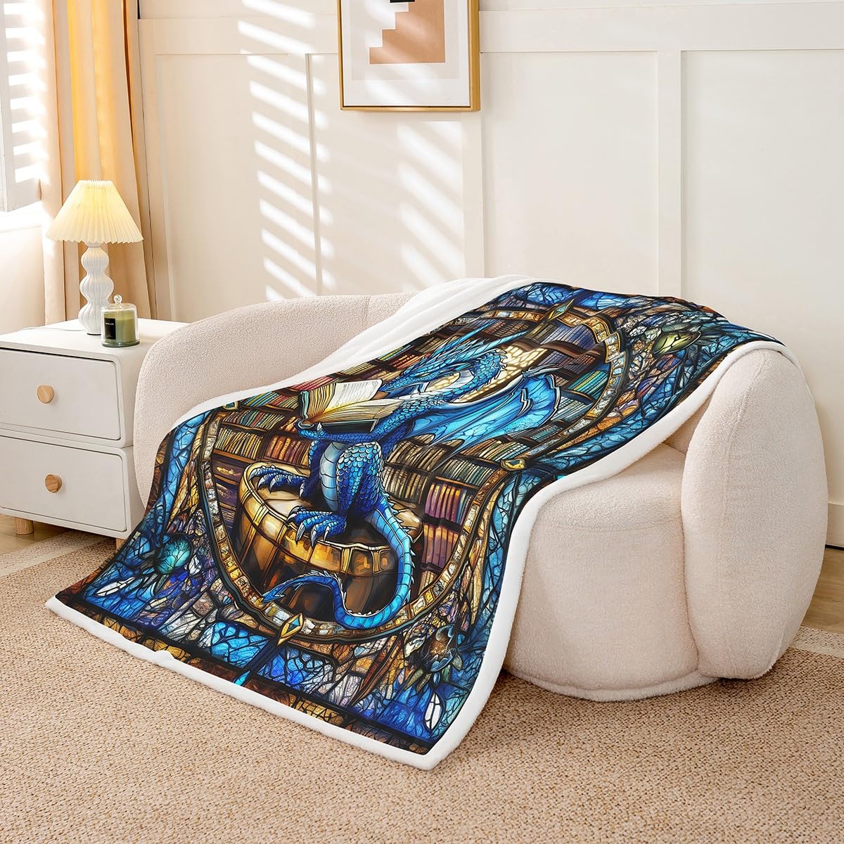 Western Dragon Kids Throw Blanket,Blue Dragon Reading Book Bookshelf Bed Blanket for Boys Girls,Geometric Patchwork Abstract Fleece Blanket,Trippy Chic Fuzzy Blanket,Throw Size (50 x 60 Inches)