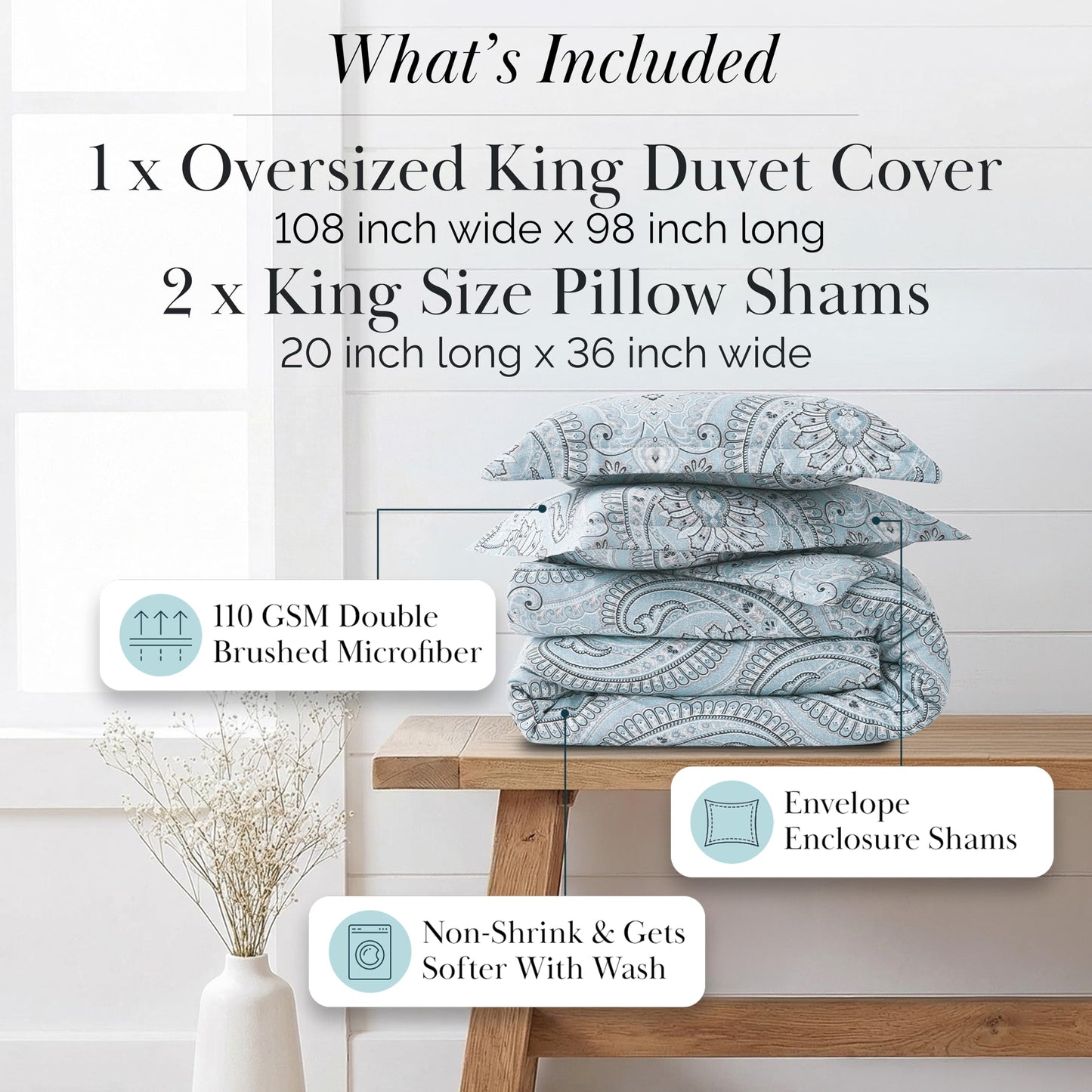Southshore Fine Living, Inc. Reversible Paisley Cal King Duvet Cover Set, Oversized Boho California King Duvet Cover, Pet Hair Resistant Bedding, 2 Pillow Shams, Insert Not Included - Pure Melody Aqua