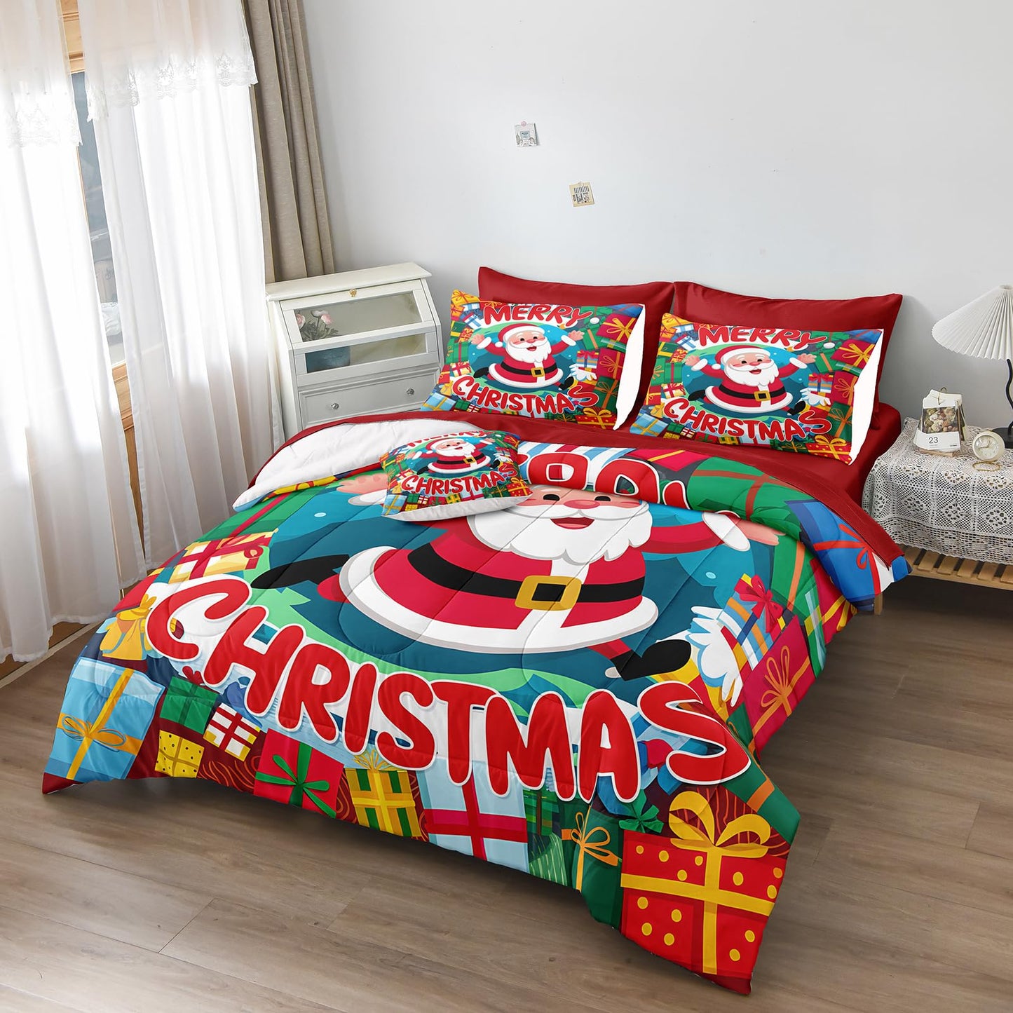 Bedding_Dreamer Santa Claus Comforter Queen Red Bed in a Bag 8 Pcs Christmas Bedding Merry Christmas Snowflake Home Decor with 1 Cushion Cover Soft and Lightweight