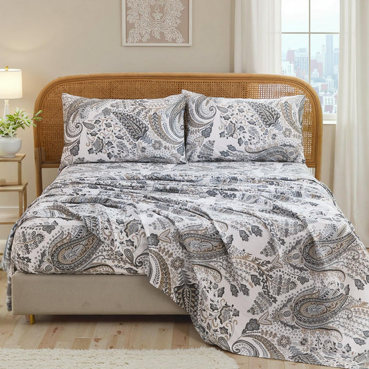 Cozaline 100% Cotton Sheet Set Queen Size – 4-Piece Luxury Grey Paisley Bedding Set, Extra Soft Breathable Percale Weave, Deep Pocket Fitted Sheet 17.5", Crisp Cool Feel Bed Sheet