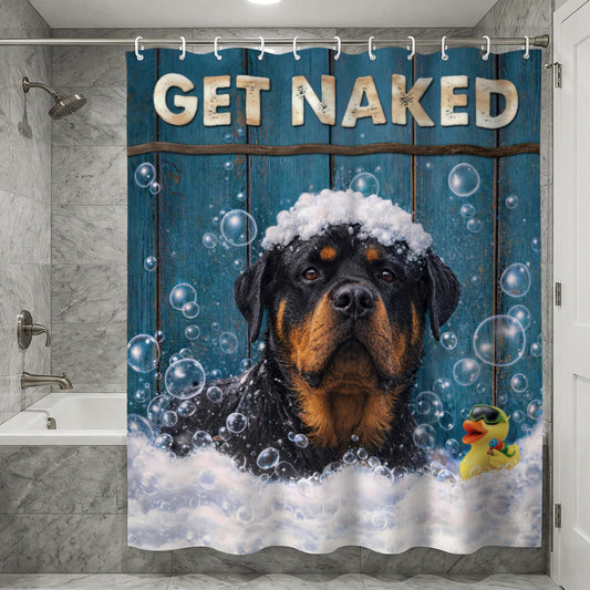 Hwsuiairt Funny Rottweiler Dog Shower Curtain Rottweiler Dog Get Naked Rustic Blue Wood Decor Cute Puppy Bath Curtain Set Waterproof Polyester for Bathtubs - 72"x72"