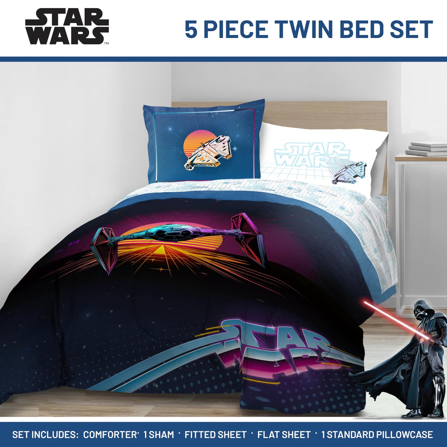Jay Franco Kids Comforter Set Includes Sheets and Pillow Covers - Soft and Cozy Bed Set for Stylish Room Decor, Blue - Star Wars 02, 5 Piece Twin Size Bedding