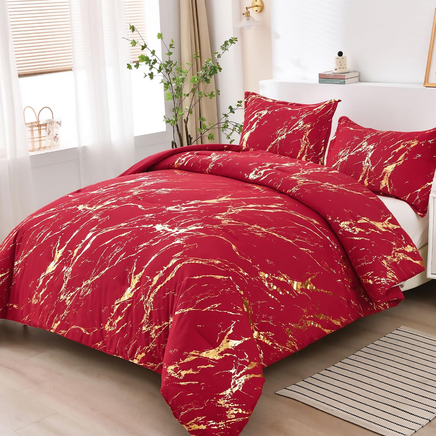 WONGS BEDDING Red Gold Metallic Marble Comforter Set Queen,Red Christmas Bedding Sets with 2 Pillowcases for All Seasons, Soft Microfiber Filling Bedding Duvet Set 90/inx90/in
