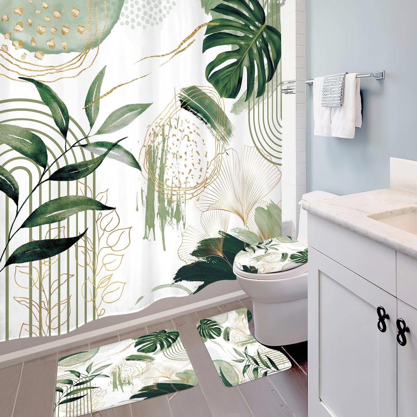 Green Shower Curtain with Rugs Boho Sage Modern Tropical Leaf Bathroom Sets