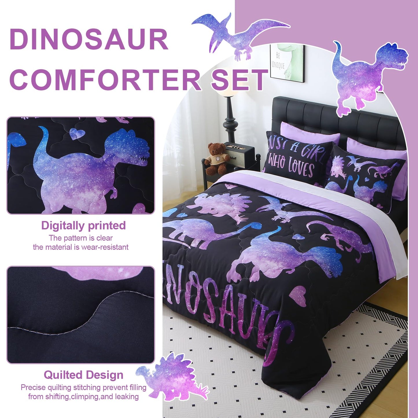 Jameswish 7 Piece Girls Dinosaur Comforter Set Full Size Violet Dinonsaur Soft Microfiber Bed in A Bag with Comforter,Sheet Set,Pillowcase and Sham for Child Teens All Season