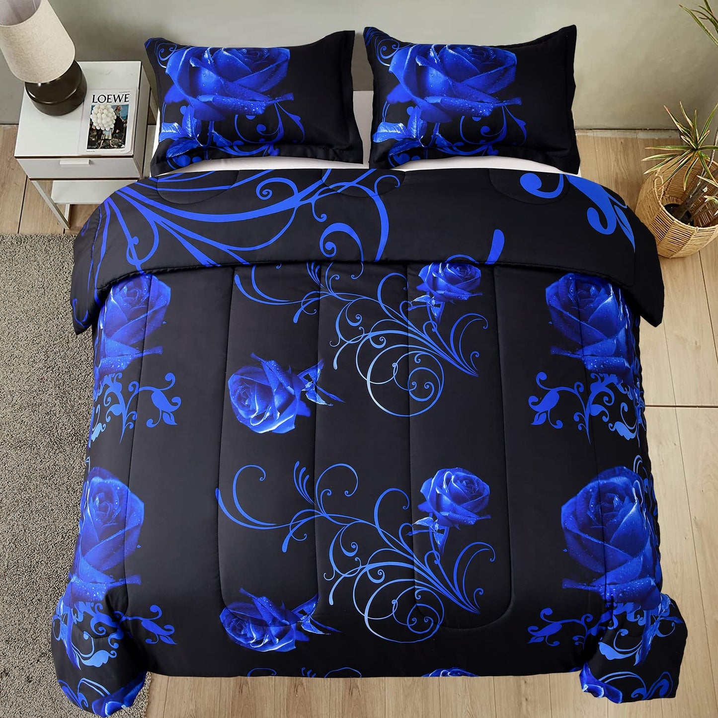 WONGS BEDDING Blue Comforter Set Queen, Reversible Blue Rose Pattern Printed Bedding Comforter Set with 2 Pillowcases for All Seasons, Soft Microfiber Filling Bedding Set 90"x90"