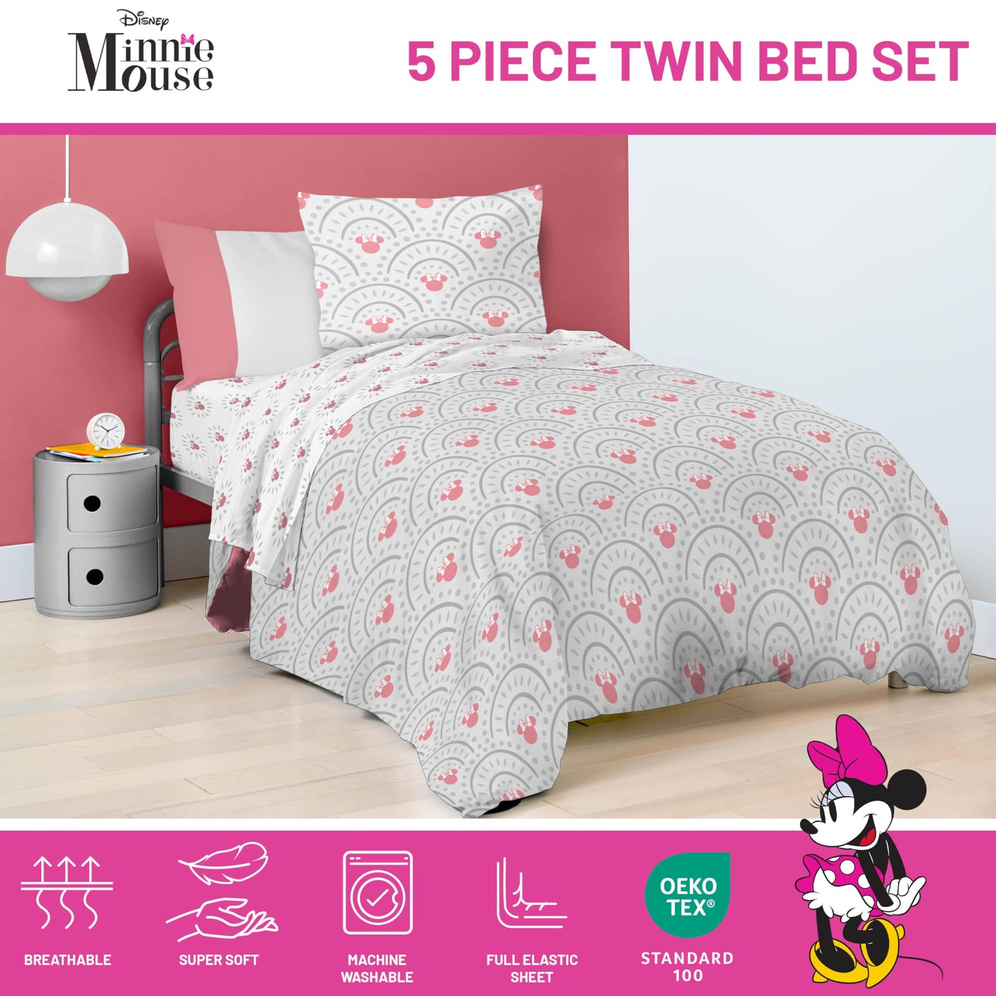 Disney Minnie Mouse Twin Comforter Set - 5 Piece Bedding Includes Sheet Set & Pillow Covers - Super Soft Cozy Pink Mandala Bedding