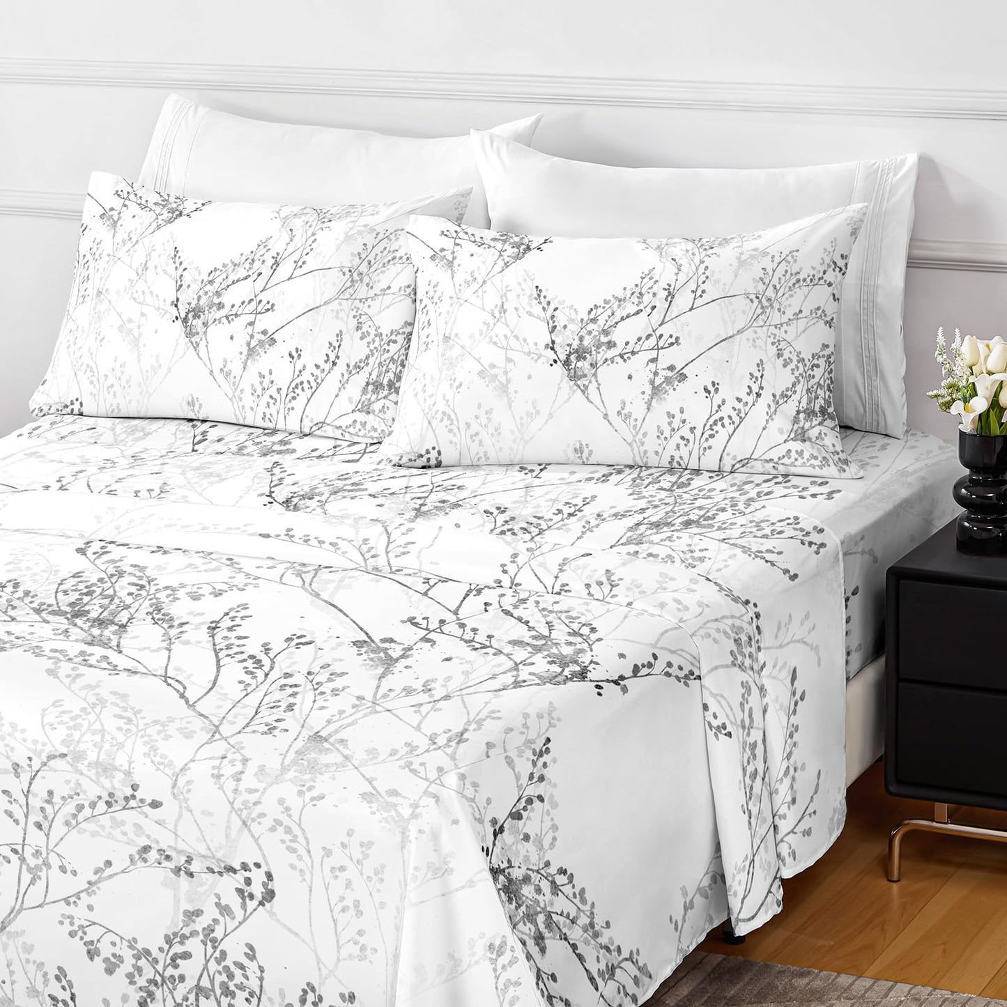 HCORA Floral King Size Sheets Set, Luxury 1800TC Hotel Quality Double Brushed Microfiber Deep Pocket Bed Sheets, Ultra Soft, Breathable and Cooling, 4PC, King