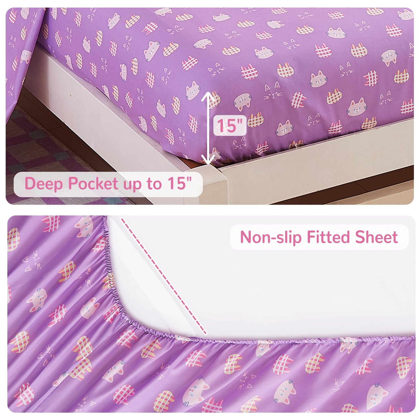 Viviland Kids Twin Bedding Sets for Girls, Soft Twin Comforter Set with Sheets, 5 Pieces Microfiber Bed in a Bag, Pink Cat Kitty