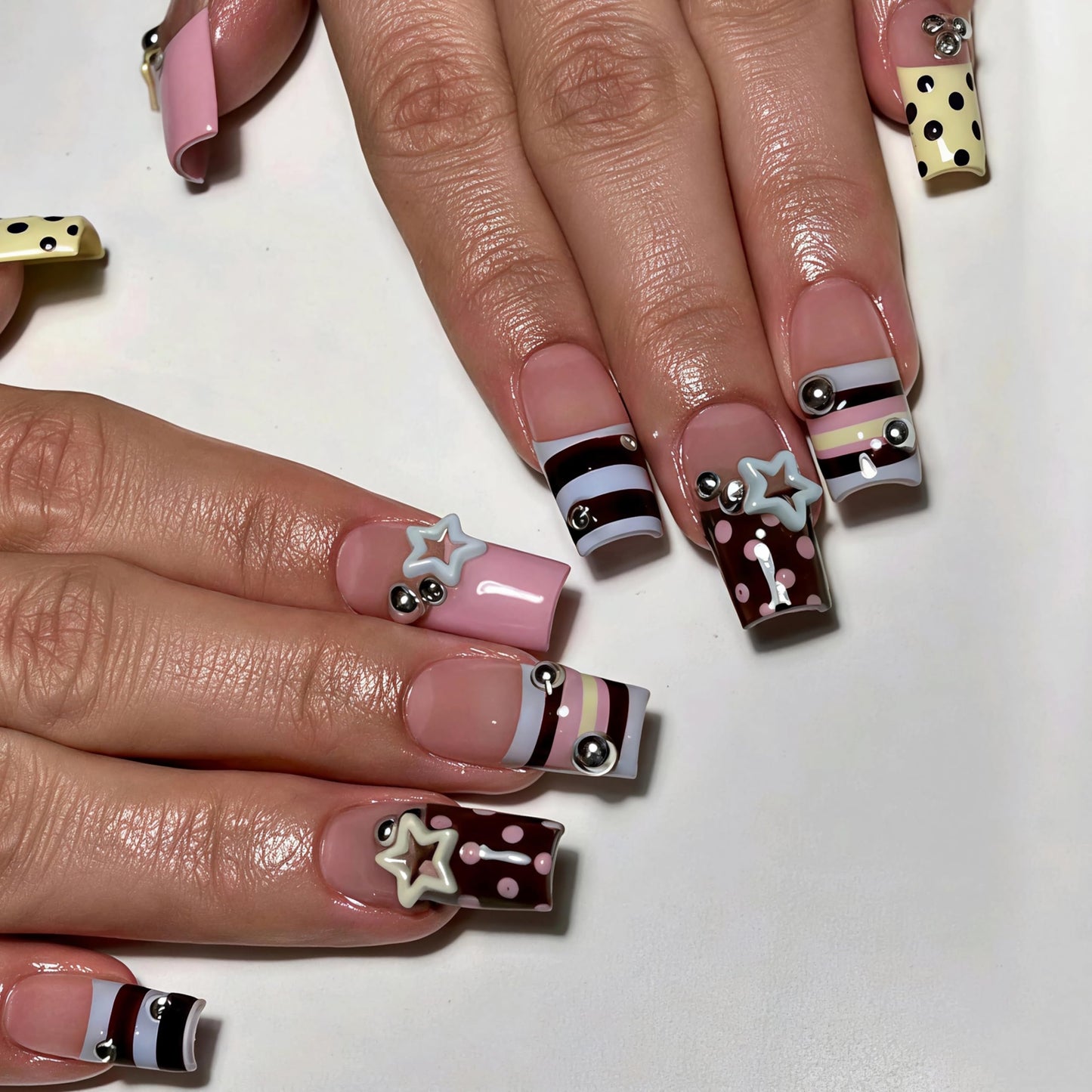 BABALAL Press On Nails, Long Square Fake Nails, Pink Brown with 3D Star Rhinestone & Polka Dot Stripe Design, Y2K Retro Cute Glue On Nails for Women and Girls 24Pcs