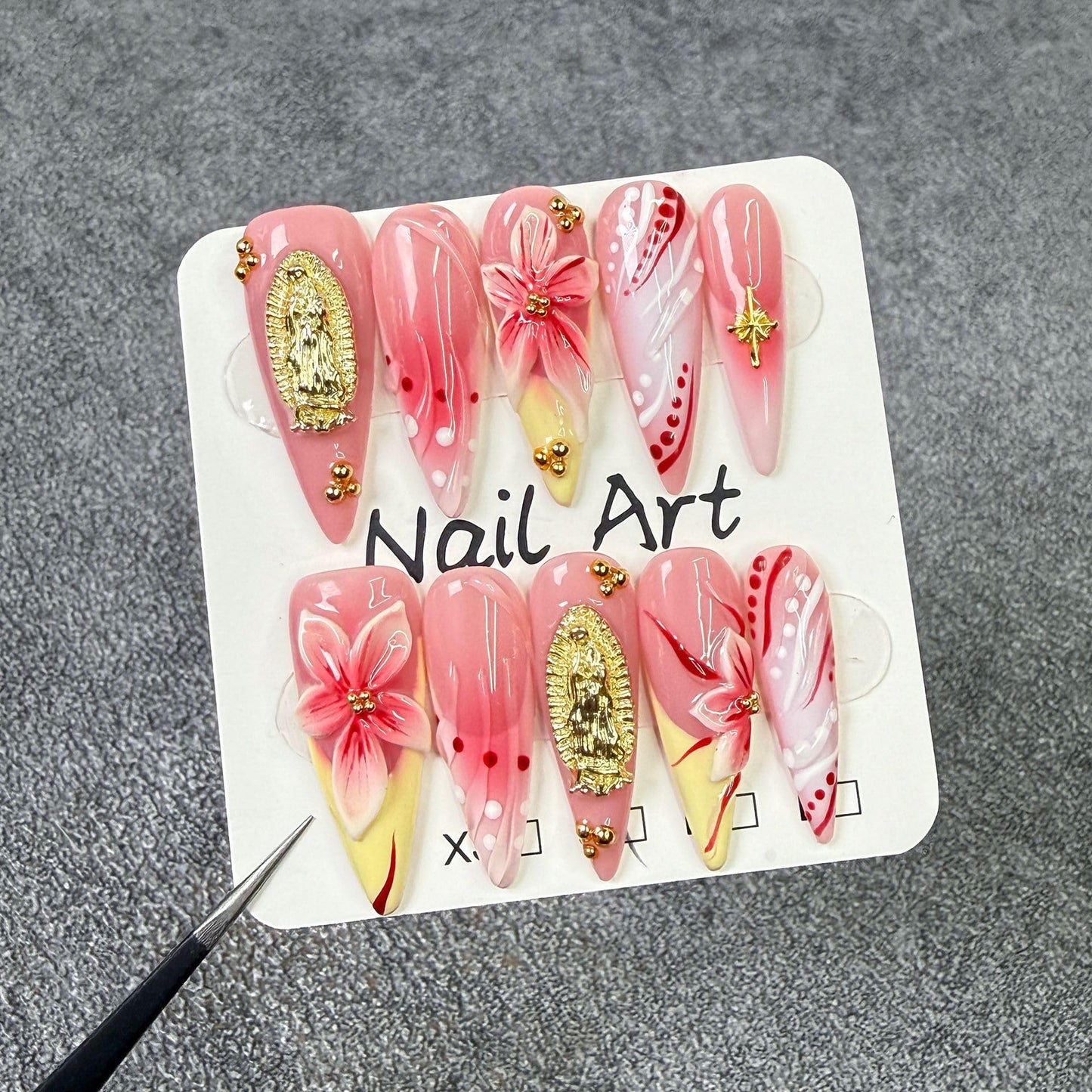 Handmade Press On Nails Almond Pink Homemade Press On Nails French Tip With 3D Design Summer Flower Fake Nail Art For Women M