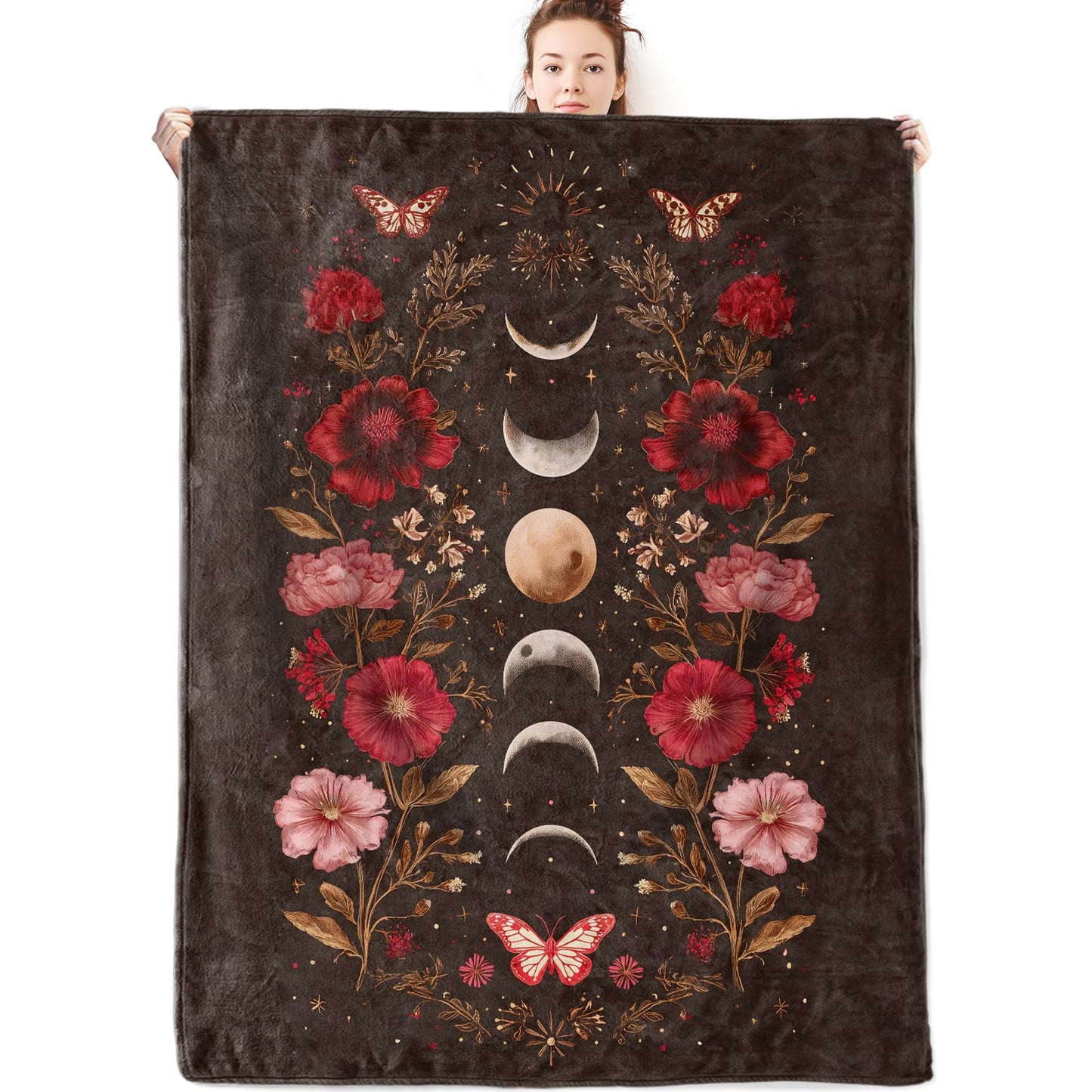 olpddz Moon Butterfly and Floral Flannel Blanket Gifts for Celestial Lover,60x50inch,Gothic Boho Throw Blankets with Lunar,Red Flower and Moth,for Bedroom,Sofa,Living Room,Camping Home Decor Throws