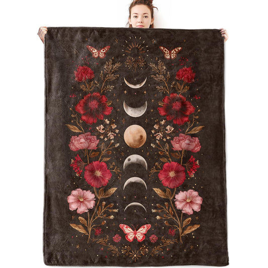 olpddz Moon Butterfly and Floral Flannel Blanket Gifts for Celestial Lover,60x50inch,Gothic Boho Throw Blankets with Lunar,Red Flower and Moth,for Bedroom,Sofa,Living Room,Camping Home Decor Throws