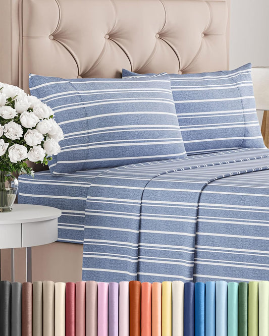 Full Size 4 Piece Sheet Set - Comfy Breathable & Cooling Sheets - Hotel Luxury Bed Sheets for Women & Men - Deep Pockets, Easy-Fit, Soft and Wrinkle Free Sheets - Blue Stripes Oeko-Tex Bed Sheet Set