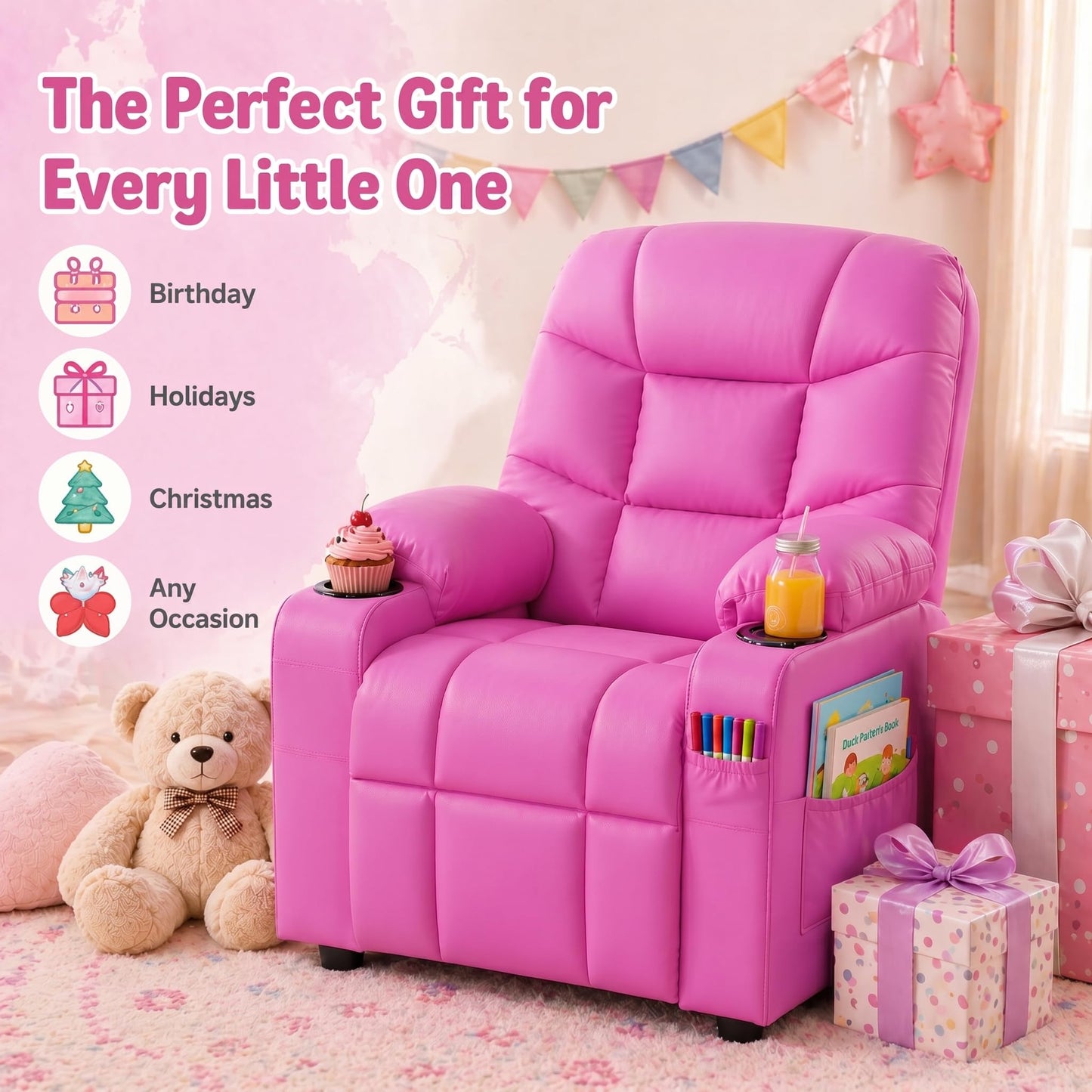 Donut Larger Kids Reclining Chair PU Leather Recliner Sofa Push Back Lounge Children Toddler Boys Girls Ages 3-12 with Dual Cup Holders and 4 Pockets