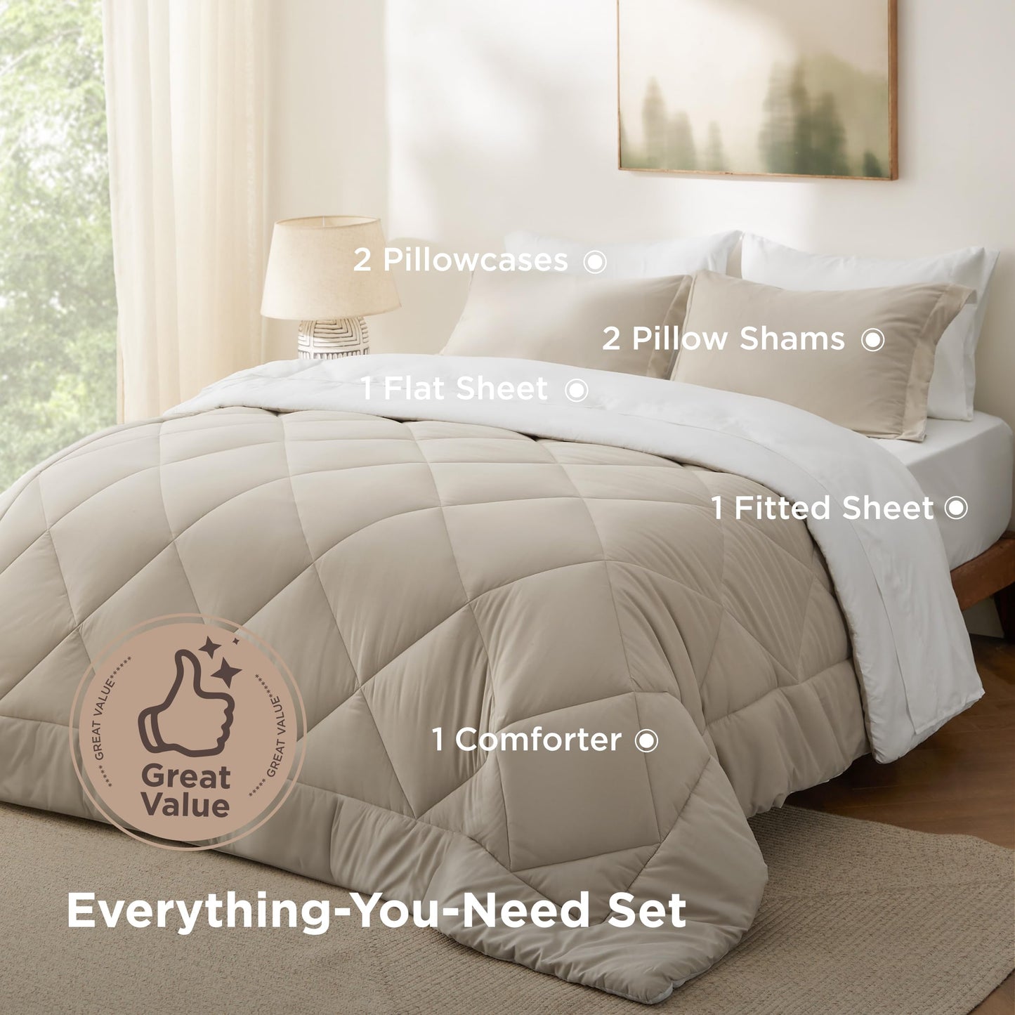 Bedsure Queen Comforter Set - 7 Pieces Reversible Beige and White Bedding, Queen Size Bed Set for All Seasons, Bed in a Bag with Down Alternative Comforter, Sheets, Pillowcases & Shams