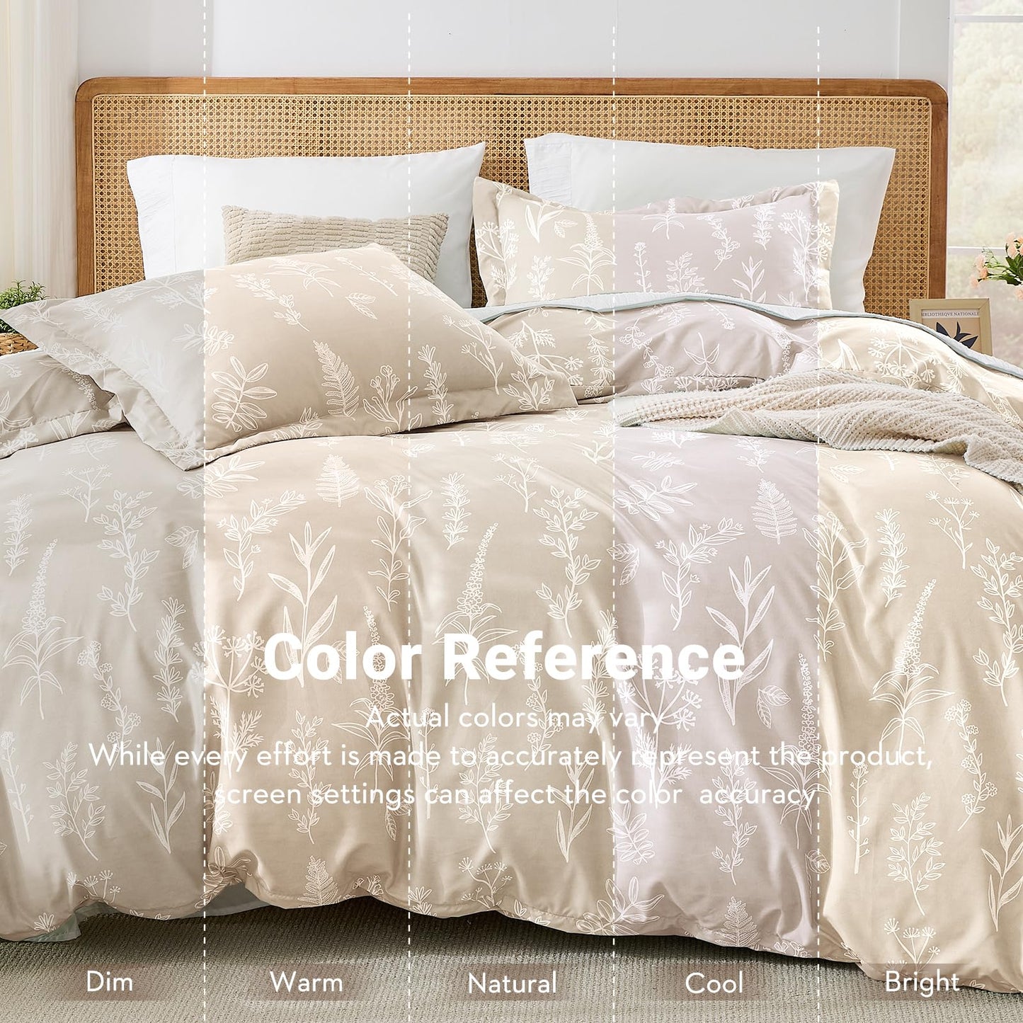 MUXHOMO Duvet Cover Queen Size, Reversible Floral Beige Duvet Cover Set with Zipper Closure, 3 Pieces Botanical Patterns Soft Microfiber Bedding Set with 4 Ties (90"x90", 2 Pillow Cases)