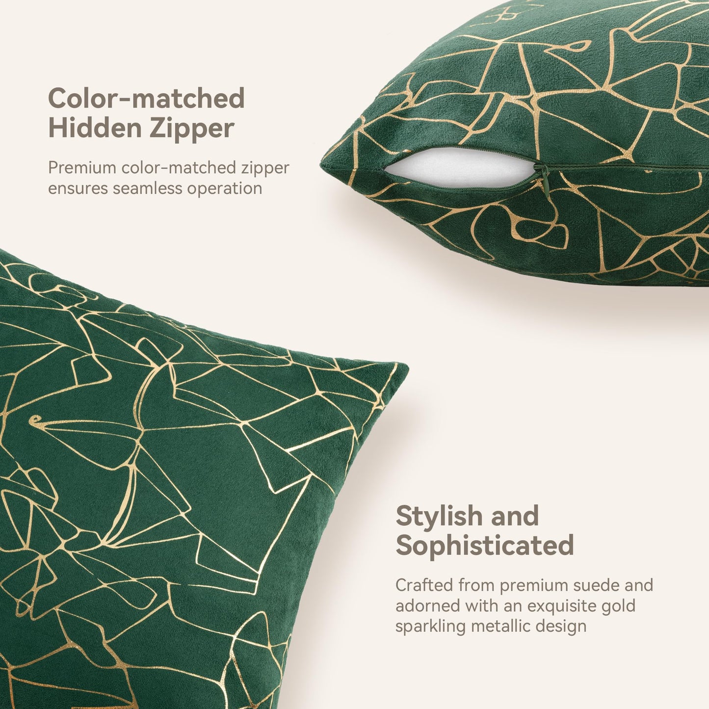 JELLYMONI Pillow Covers Set of 2, 18 x 18 inch Glitter Decorative Pillow Shams Green with Gold Streaks, Soft Pillowcases Home Decor for Sofa Couch Bed (Gold Dark Green)