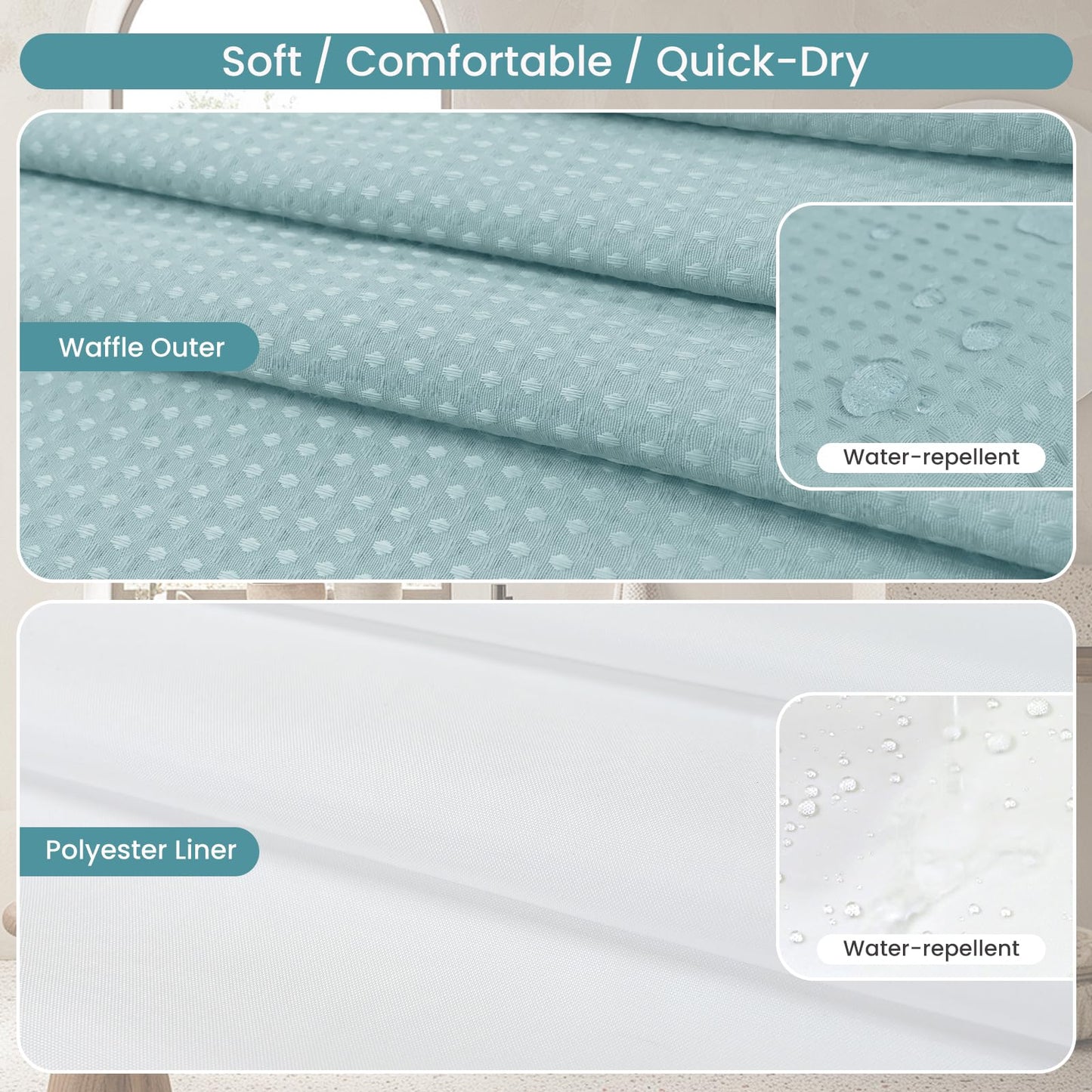 DRIFTED ROOT No Hook Shower Curtain Set with Snap-in Detachable Liner, 230 GSM Waffle Weave Fabric, Heavy Duty Water-Repellent, Pale Blue, 72 x 74 Inch