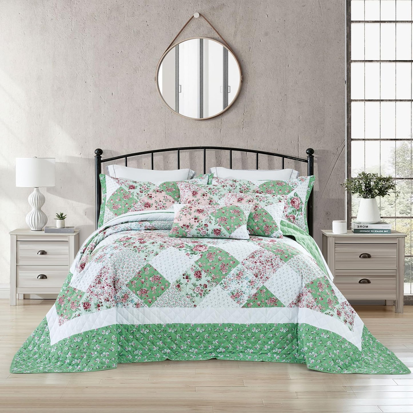 DaisyHuang Oversized King Bedspread 128x120 Extra Wide, Farmhouse Patchwork Floral Quilt Bedding Cover, Reversible, 6 Piece, 100% Microfiber, King/California King, Rose