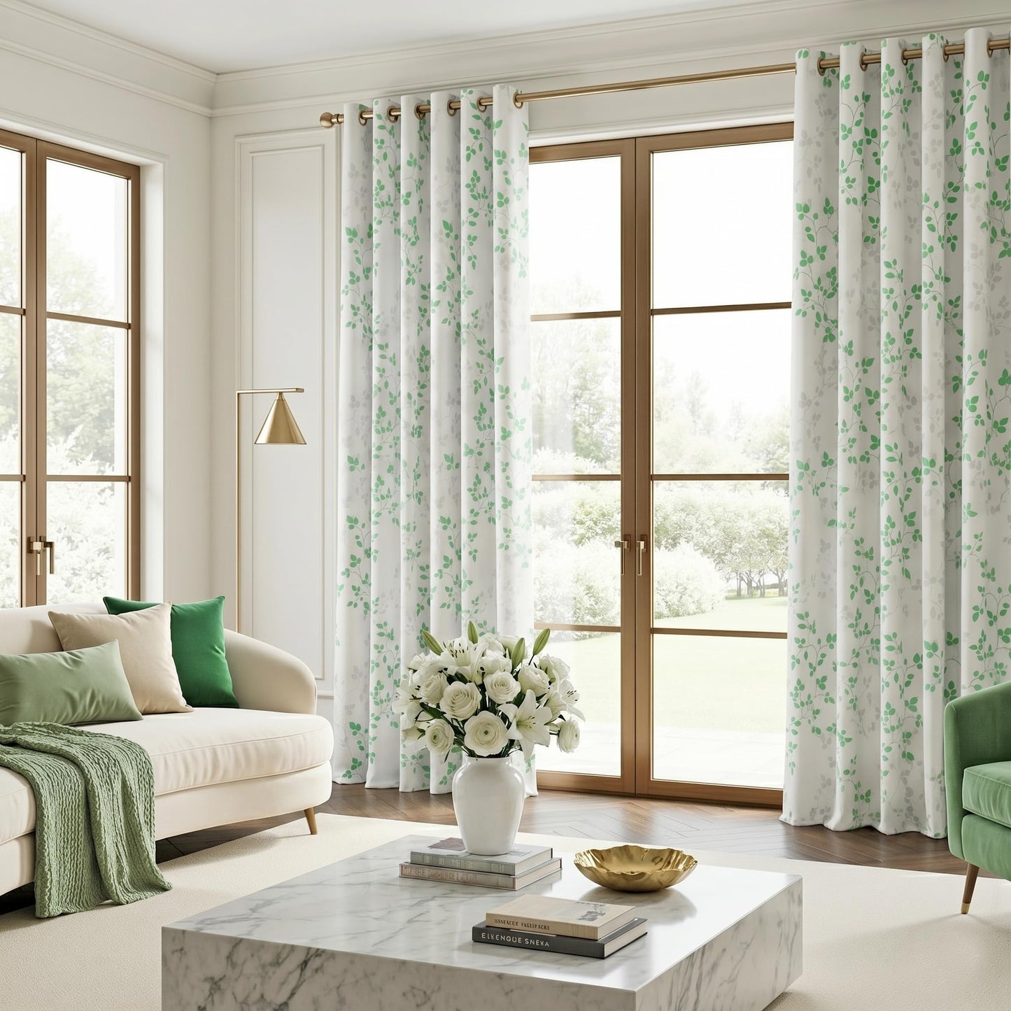 MEETSKY 95% Blackout Curtains for Bedroom, Green and Grey Leaf Curtains 84 Inches Long 2 Panels, Patterned Curtain Living Room Thermal Insulated Room Darkening Grommet Drapes, Each Panel 52" W