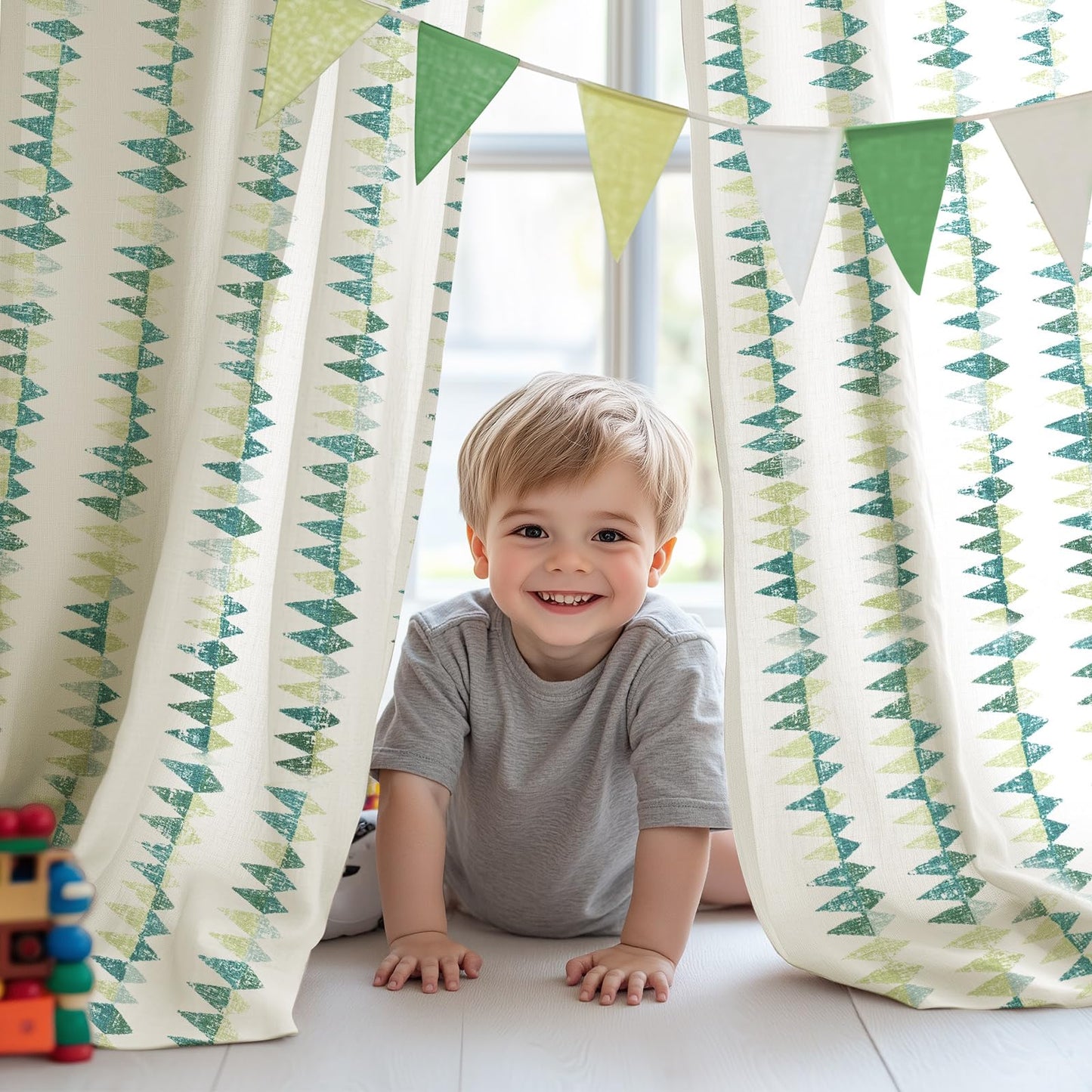 jinchan Linen Nursery Curtains for Living Room Boho Curtains for Bedroom Kids Room 63 Inches Long Geometric Printed Farmhouse Drapes Rod Pocket Window Treatment Curtain Set of 2 Panels Green