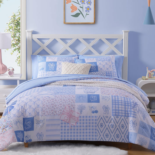 AMBERSPACE Twin XL Comforter Set for Girls, Cute Blue Bow Bedding 5 Pieces Kids Bed Set, All Season Dorm Bed in a Bag with Sheets, Pillowcase & Sham