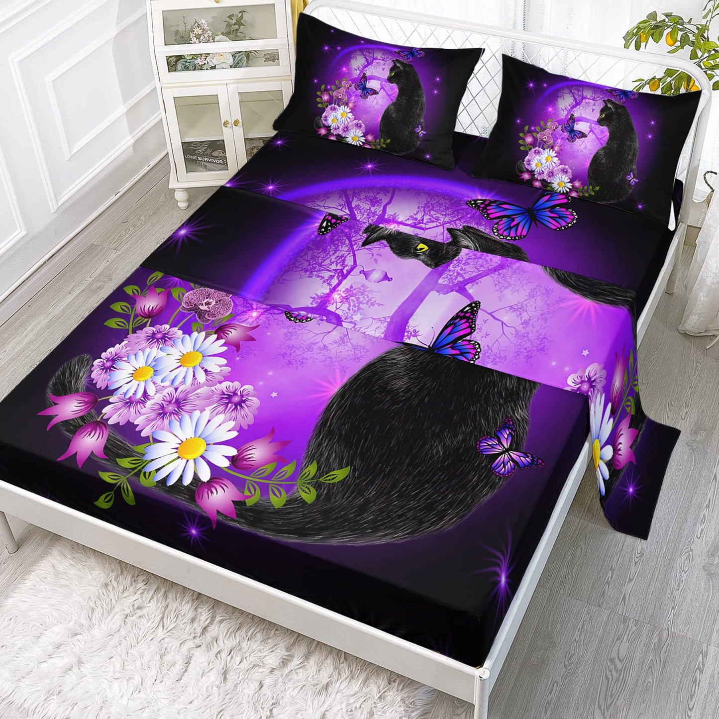 Axolotl Black Cat Bedding Cartoon Cat Sheet Set Twin,Daisy Butterflies Printed Kids Bedding Set for Kids Boys Girls Adults Room Decor,Purple Sky Sheets Set,1 Fitted Sheet 1 Flat Sheet 2 Pillowcases