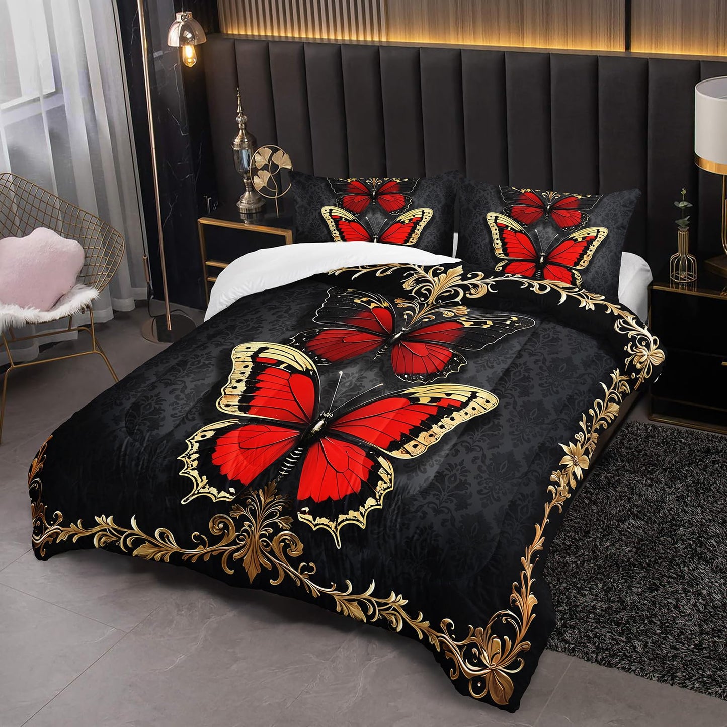 lneffble Red and Gold Butterfly Comforter Sets Full Size Bed Set，Gothic Full Size Bedding Set，with 1 Comforter with 2 Pillow Case，Butterfly Themed Bedroom Decor