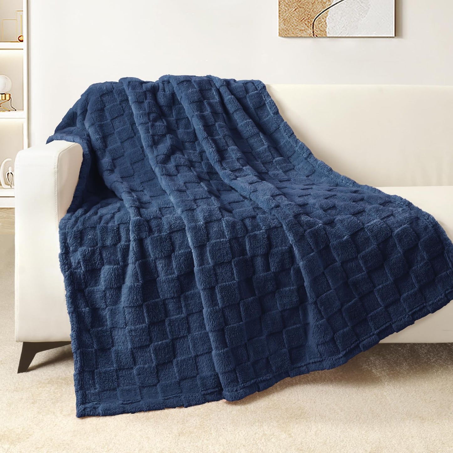 Exclusivo Mezcla Fleece Throw Blanket for Couch and Sofa, Super Soft and Cozy Blankets with Checkered Design, Lightweight, Decorative, All Season Use, 50x60 Inches, Navy Blue