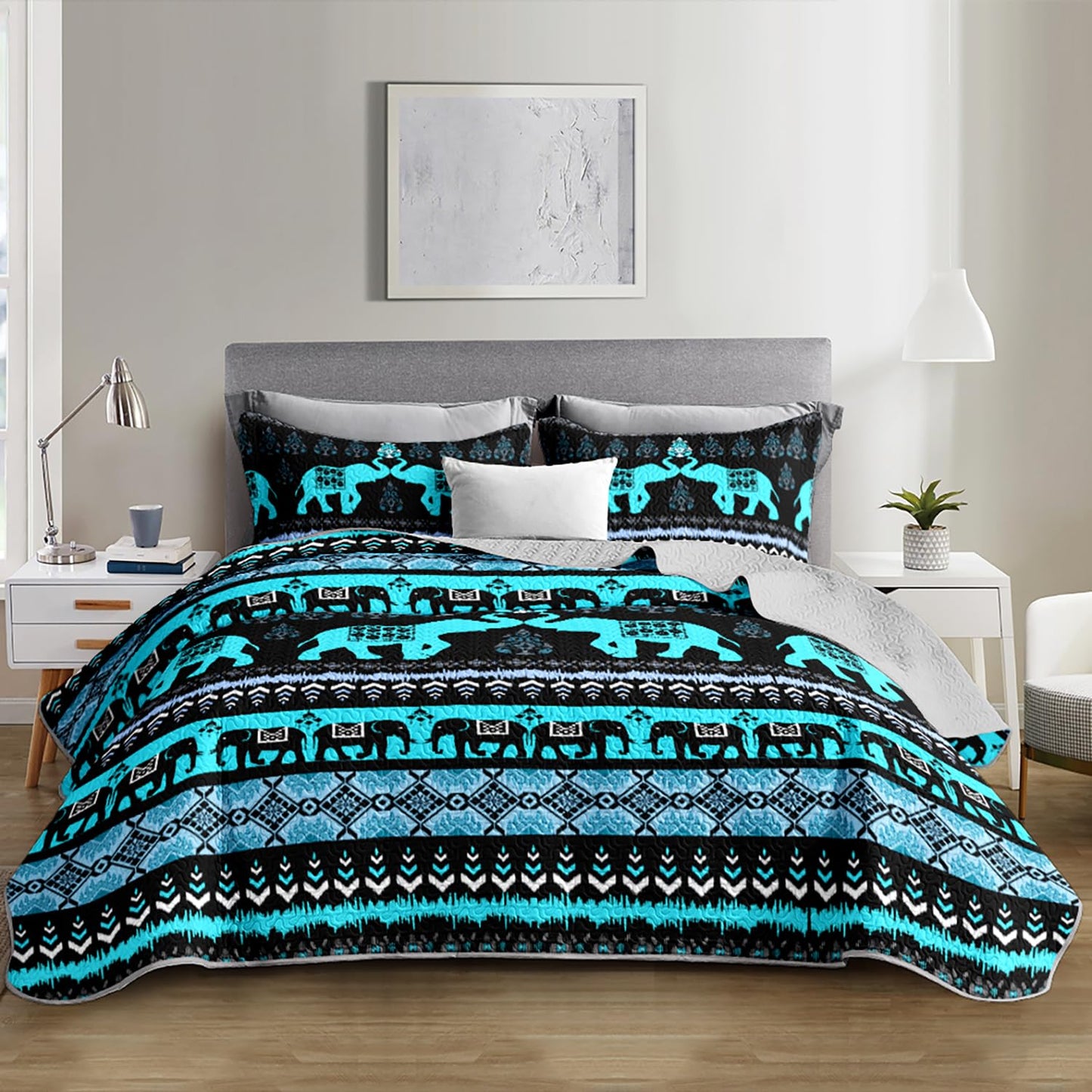 UEVBF Blue Elephant Queen Quilted Bedding Sets,Boho Style Bedding Summer Quilt for Adults Kids,Soft Lightweight Exquisite Quilted Sets with 2 Pillowcases.