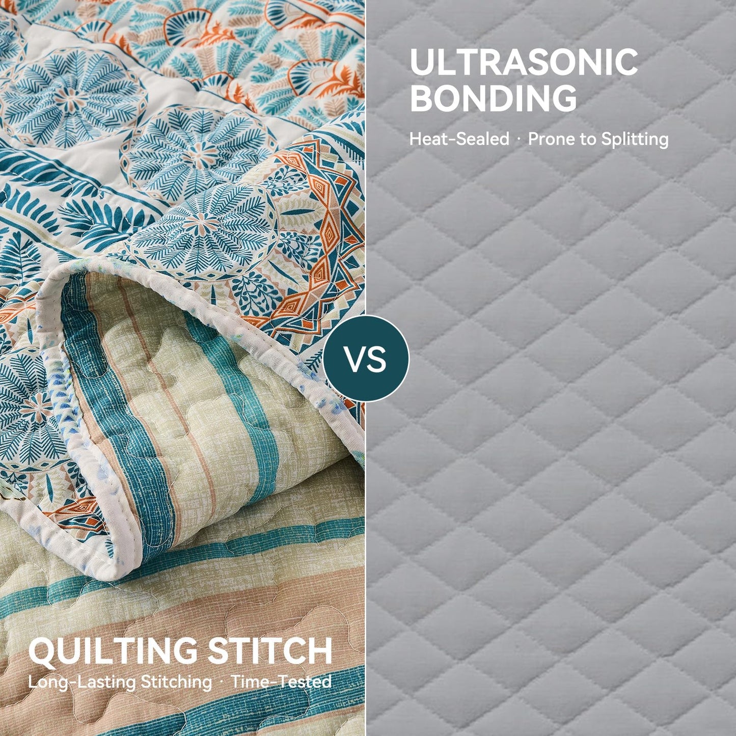 Qucover King Size Quilt Bedding Set, Teal Blue Striped Reversible Boho Quilt Sets, 3pc Lightweight Microfiber Oversized King Bedspread Coverlet for All Season, Bohemian Bedroom Decor