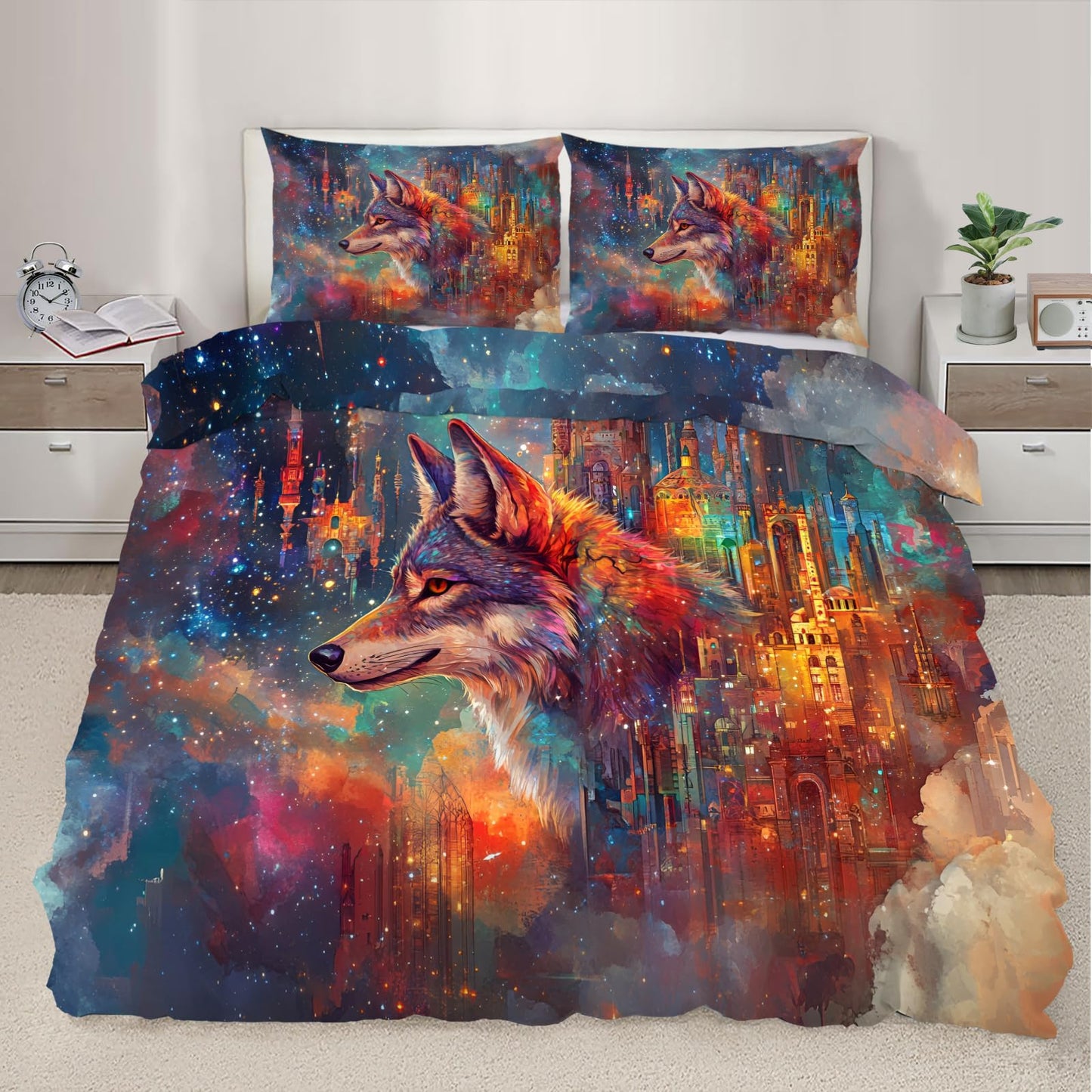 PAISUOQ Wolf Print Bedding, City Wolf Duvet Cover Full, Fantasy Animals Comforter Cover with Zipper Ties, 3 Pieces with 2 Pillowcases, Home Decor & Gifts