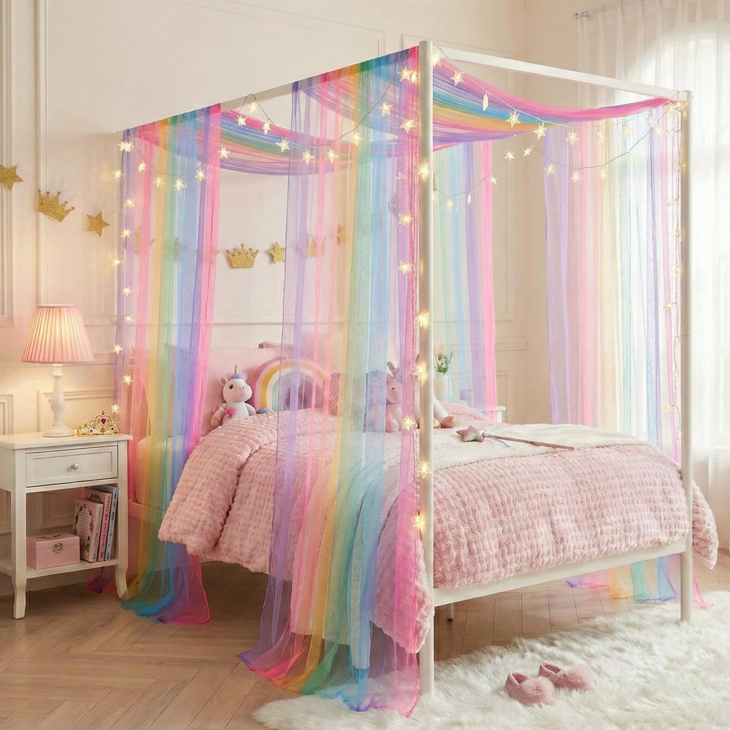 WANFASO Rainbow Bed Canopy for Girls, Sheer Twin Canopy Bed Curtains with Lights, Princess Canopy Scarf for Girls Bed Room Decor (2 Panel)