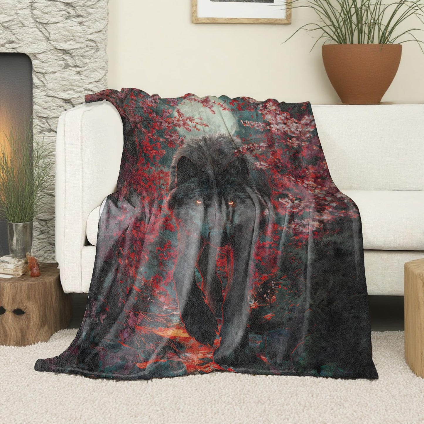 VOPNXLT Wolf & Moon Blanket, Soft Cozy Lightweight Mysterious Wolf Under Full Moon with Red Flowers Throw Blanket for Men Women Kids, Sofa Couch Bed 50x60 Inch Flannel Blankets for Travel Decor Gifts